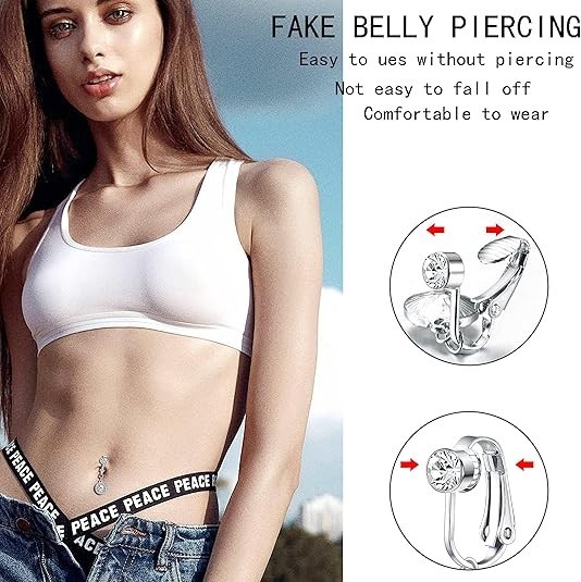 5Pcs Fake Belly Ring Clip on Surgical Steel Faux Dangle Button Gold/Silver