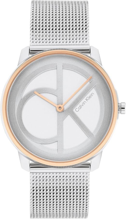 Calvin Klein Iconic Silver/Rose Gold 35mm White Dial Mesh Band Watch