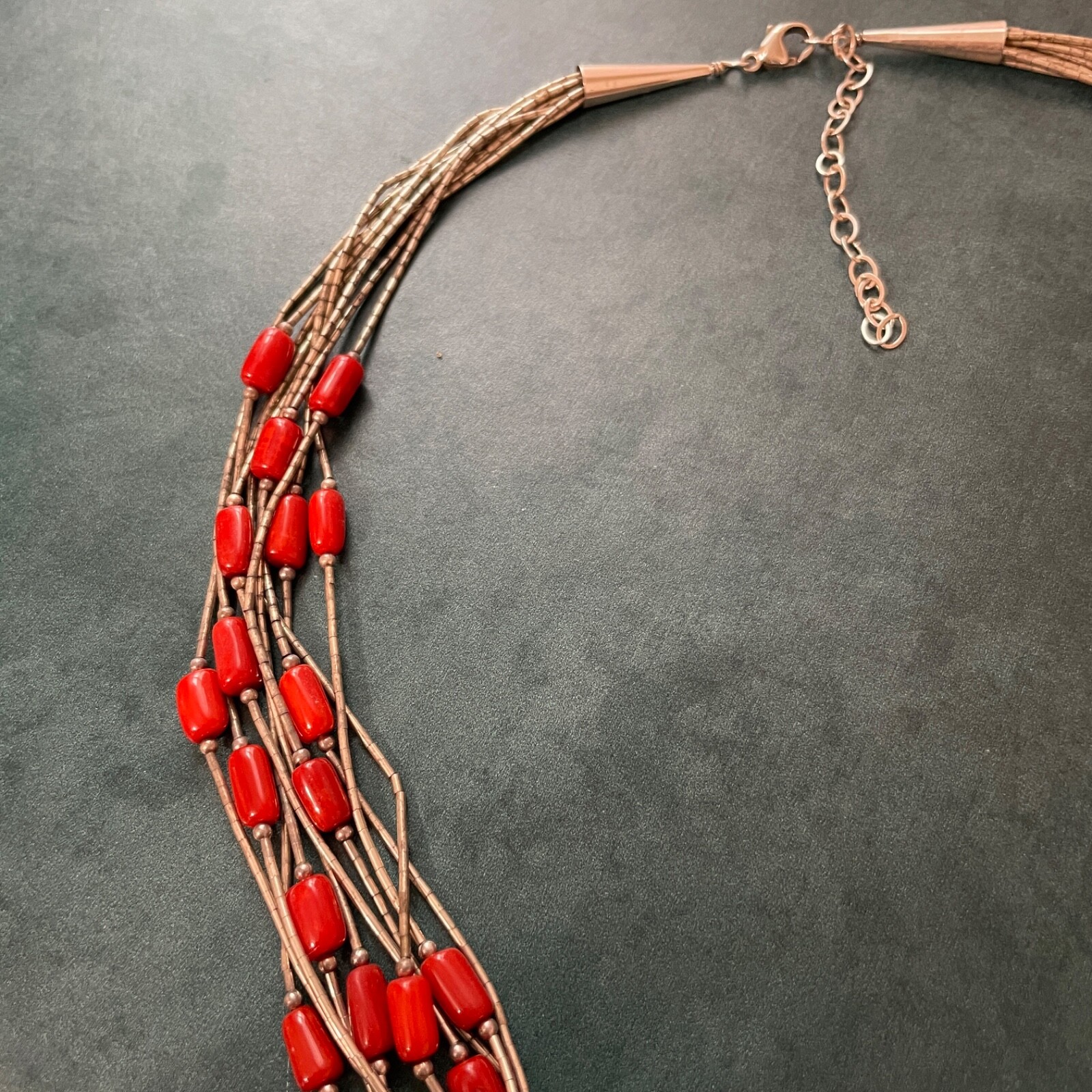Coral Liquid Silver Necklace 22.5 Inches Sterling Silver 10 Strand Liquid Silver