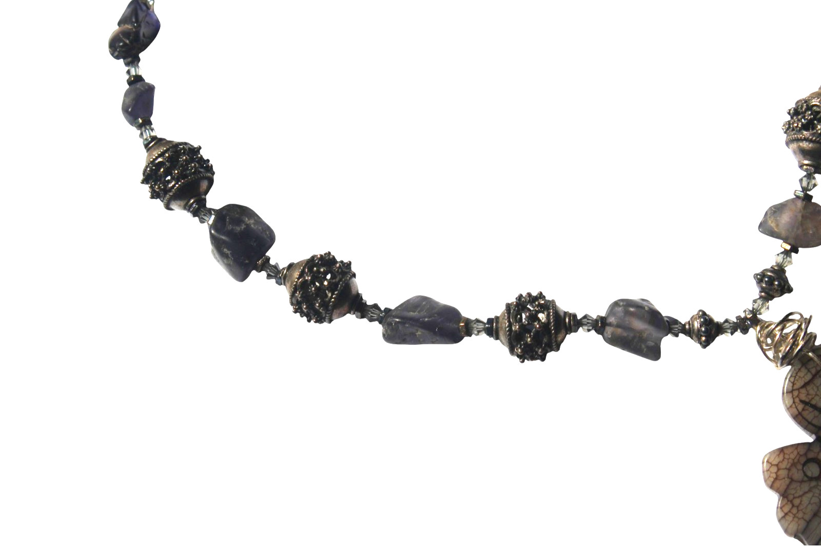 Silver Tone Carved Stone Fish Necklace Open Work Beaded Unique Koi Pisces Asian