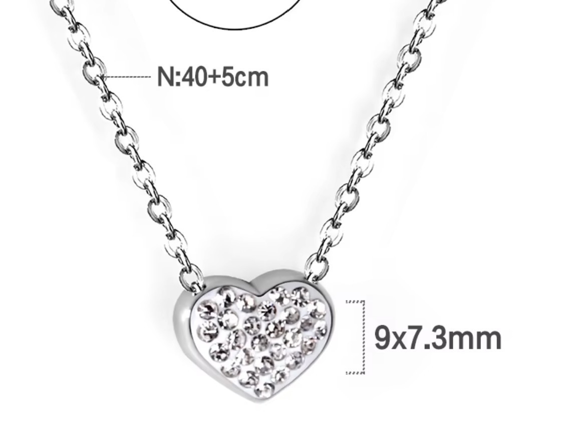 Silver Stainless Steel CZ Heart Necklace with 45 cm +5cm extender link chain