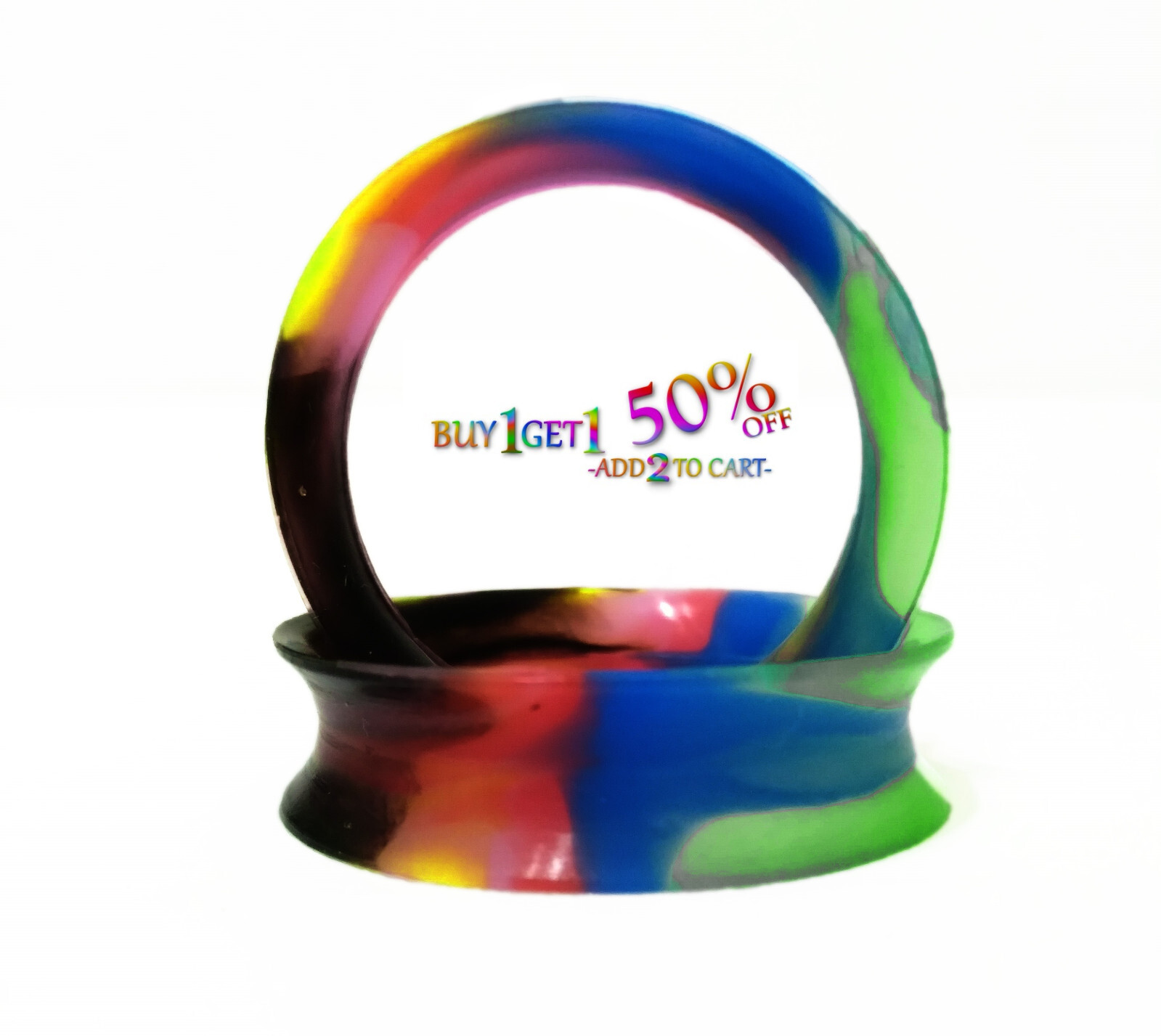 Pair 8g-40mm DARK RAINBOW SILICONE FLESH TUNNELS Double Flare Gauges Thin 2053