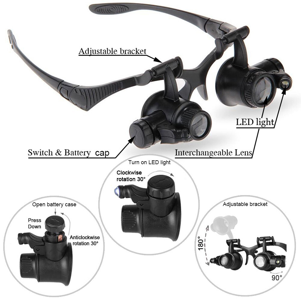 Double Eye Magnifier Loupe Glasses Hands Free With LED Light Magnifying Glasses