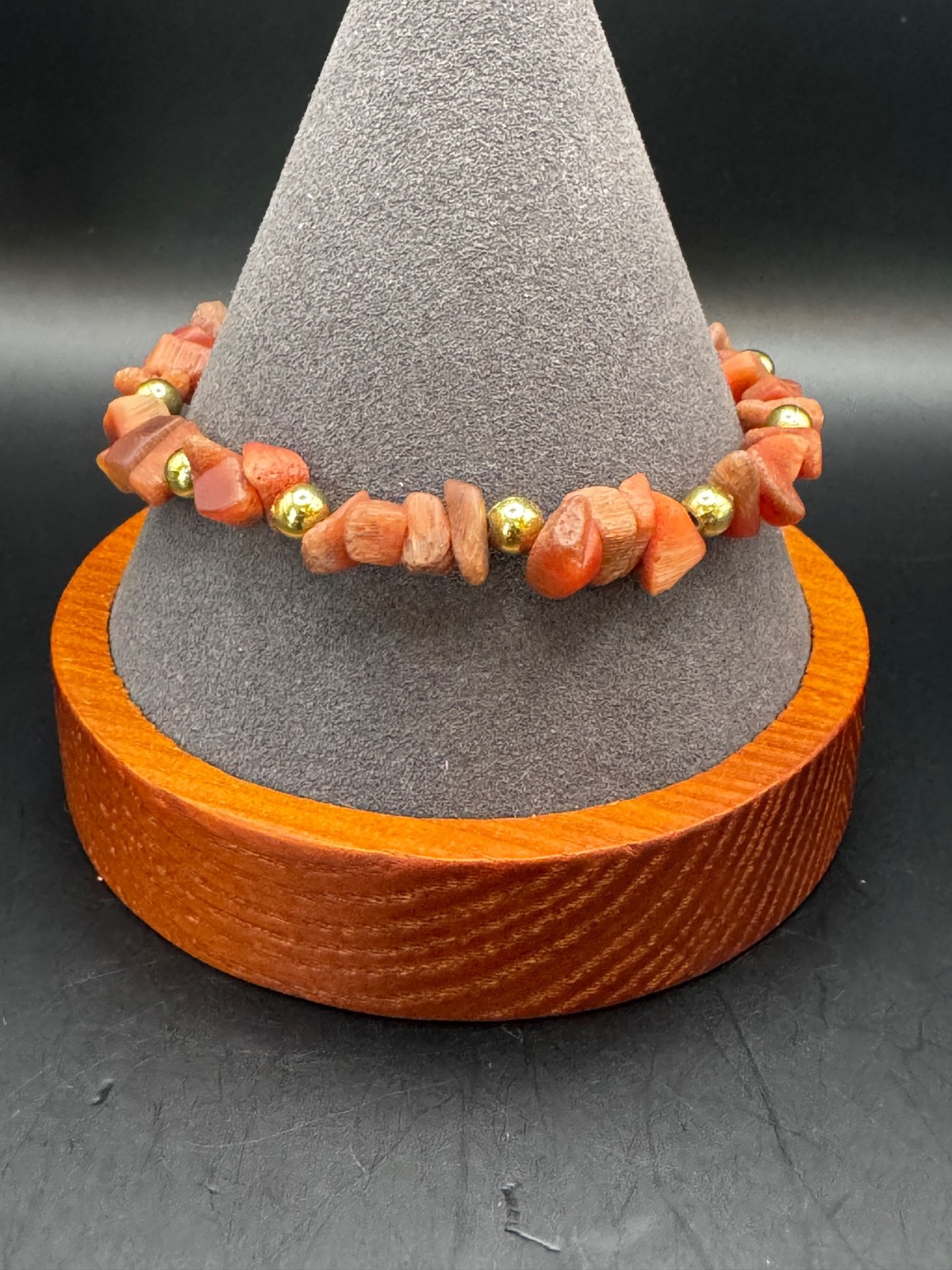 Vintage Orange Red Chip Bead Bracelet Coral Style Gold Tone