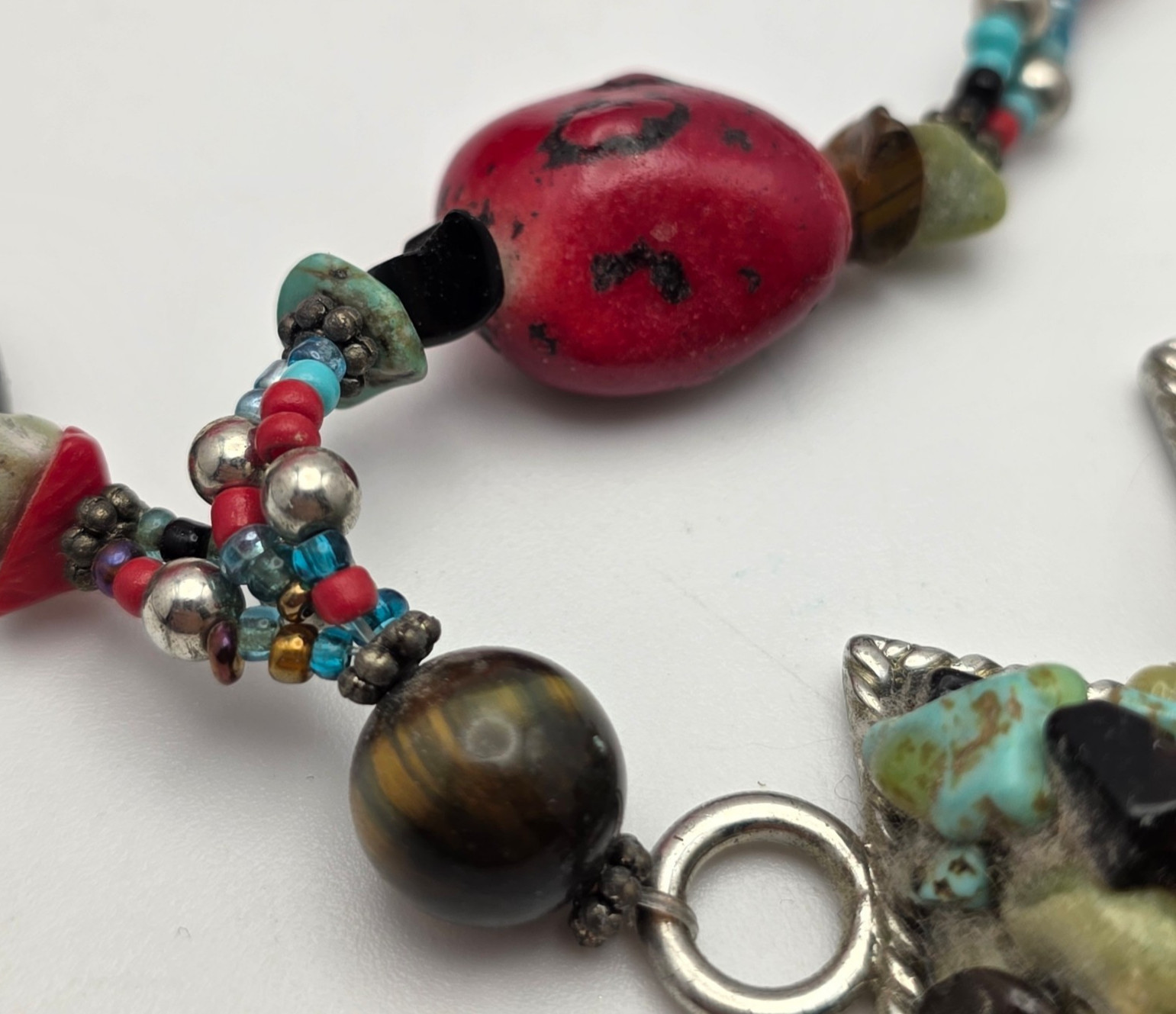 Southwestern Cross Pendant Necklace Multicolor Stone Ceramic Glass Beads 20 in