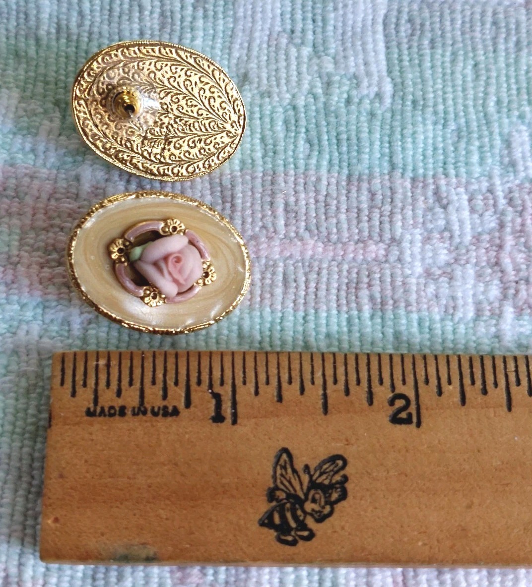 Goldtoned Oval Ornate Pierced Earrings With Ceramic Roses & Gold Swirl Enamel