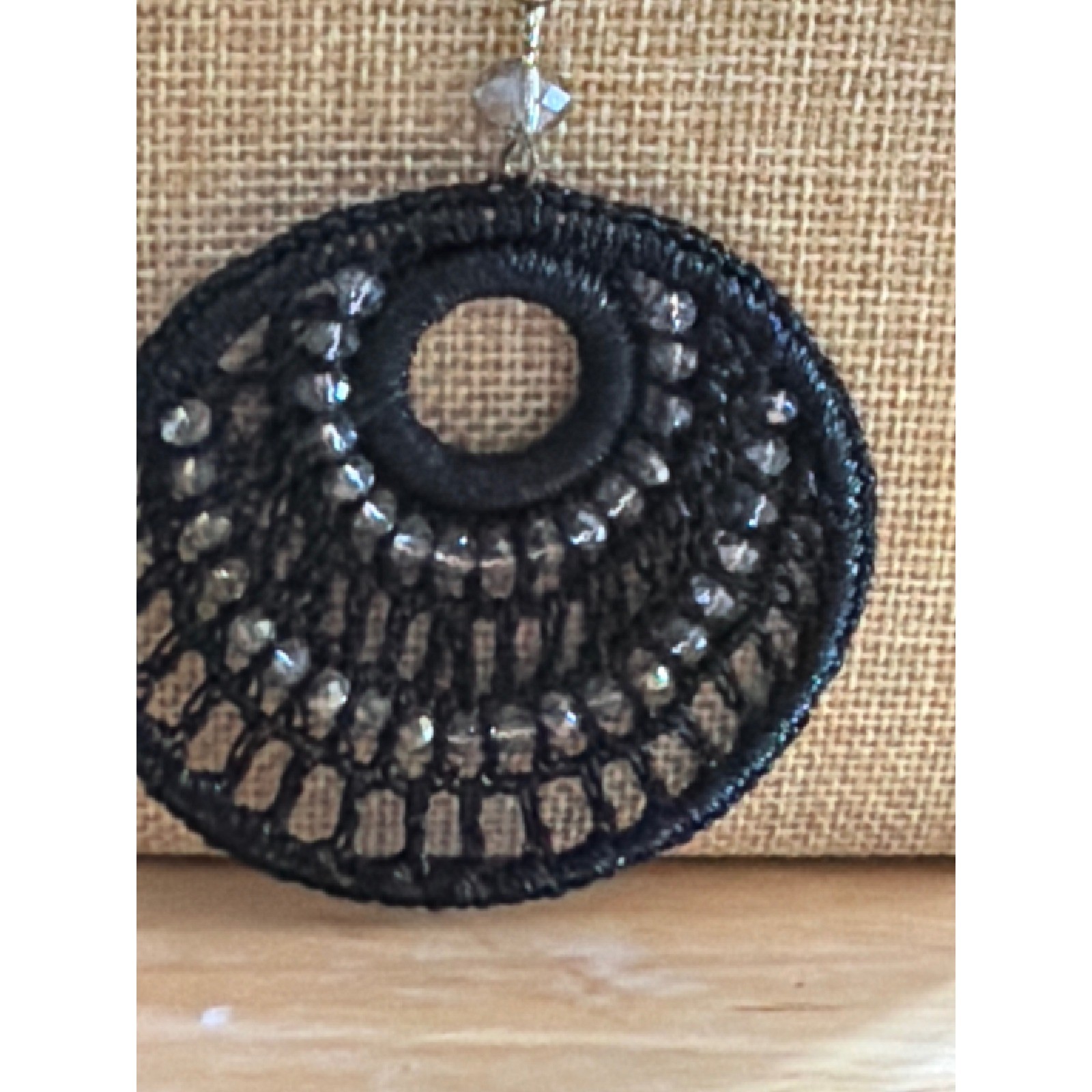 Black Crochet Lace Beaded Statement Necklace Gold Tone Boho Circle Pendant Boho