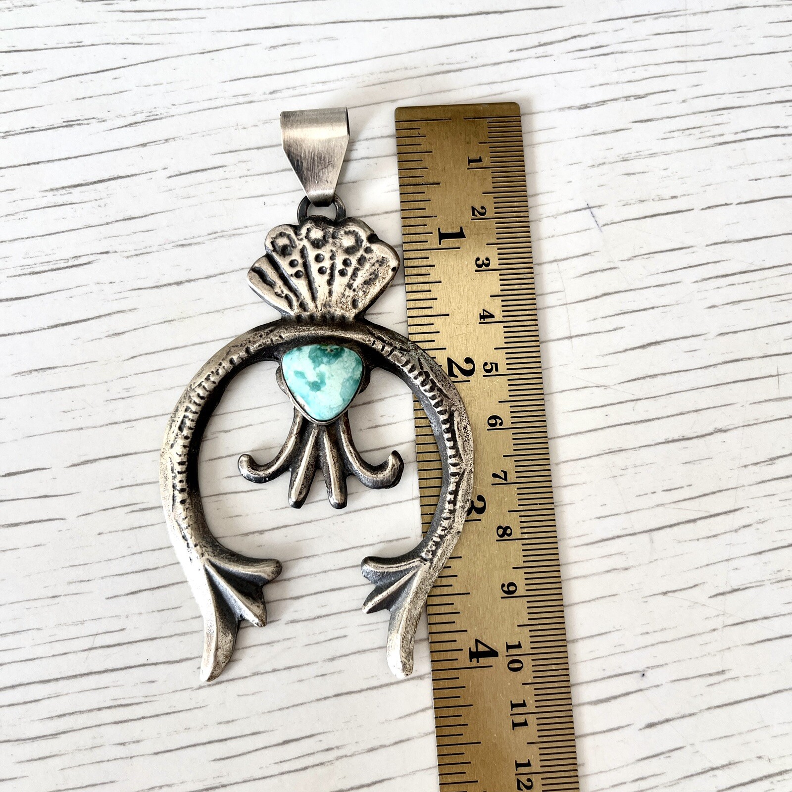 BIG Navajo Naja Pendant Turquoise 3.75in Squash Blossom Signed 925 Matte
