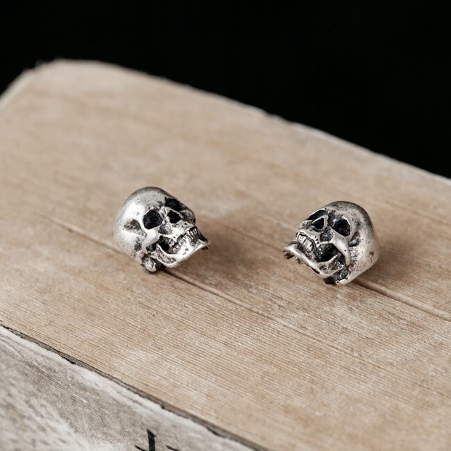 Gothic S925 Sterling Silver Skull Tiny Small Stud Post Earrings Lightweight Cute