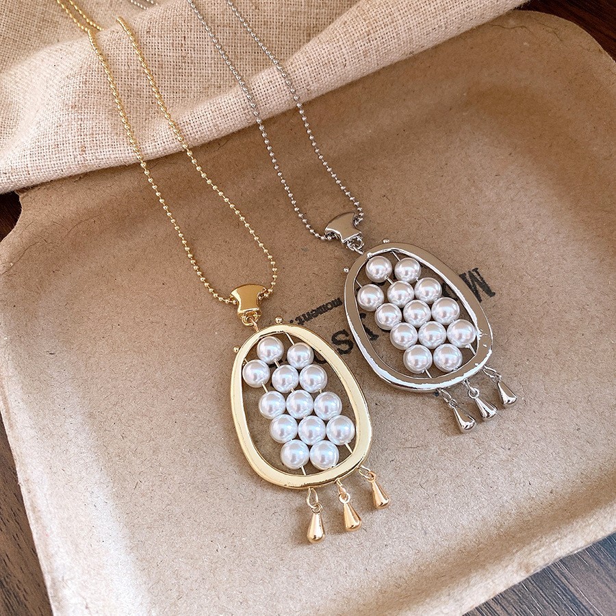 Vintage Simulated Pearl Oval Pendant Necklace Long Chain Tassel Jewelry Women