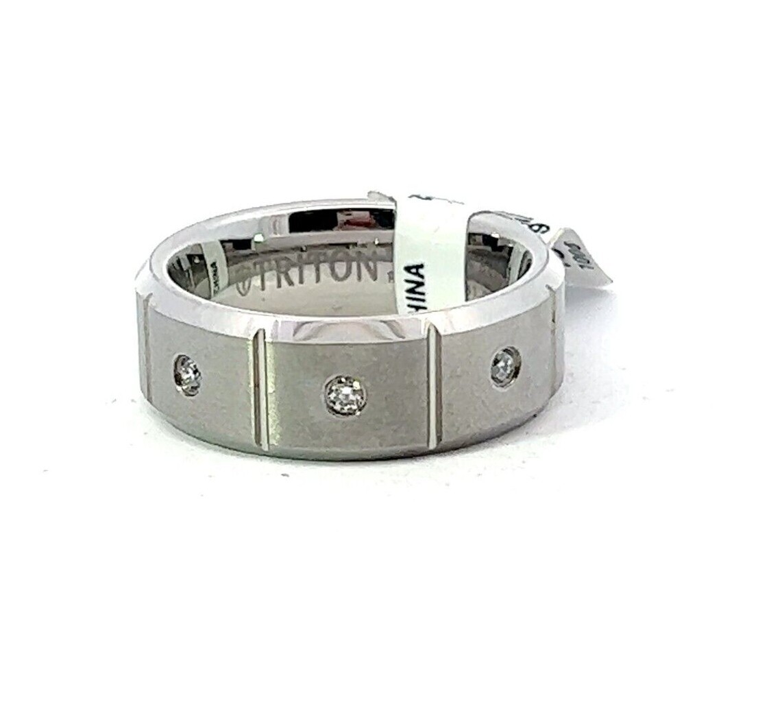 Triton 8mm White Tungsten .10ctw Diamond Accent Vertical Grooved Band Ring