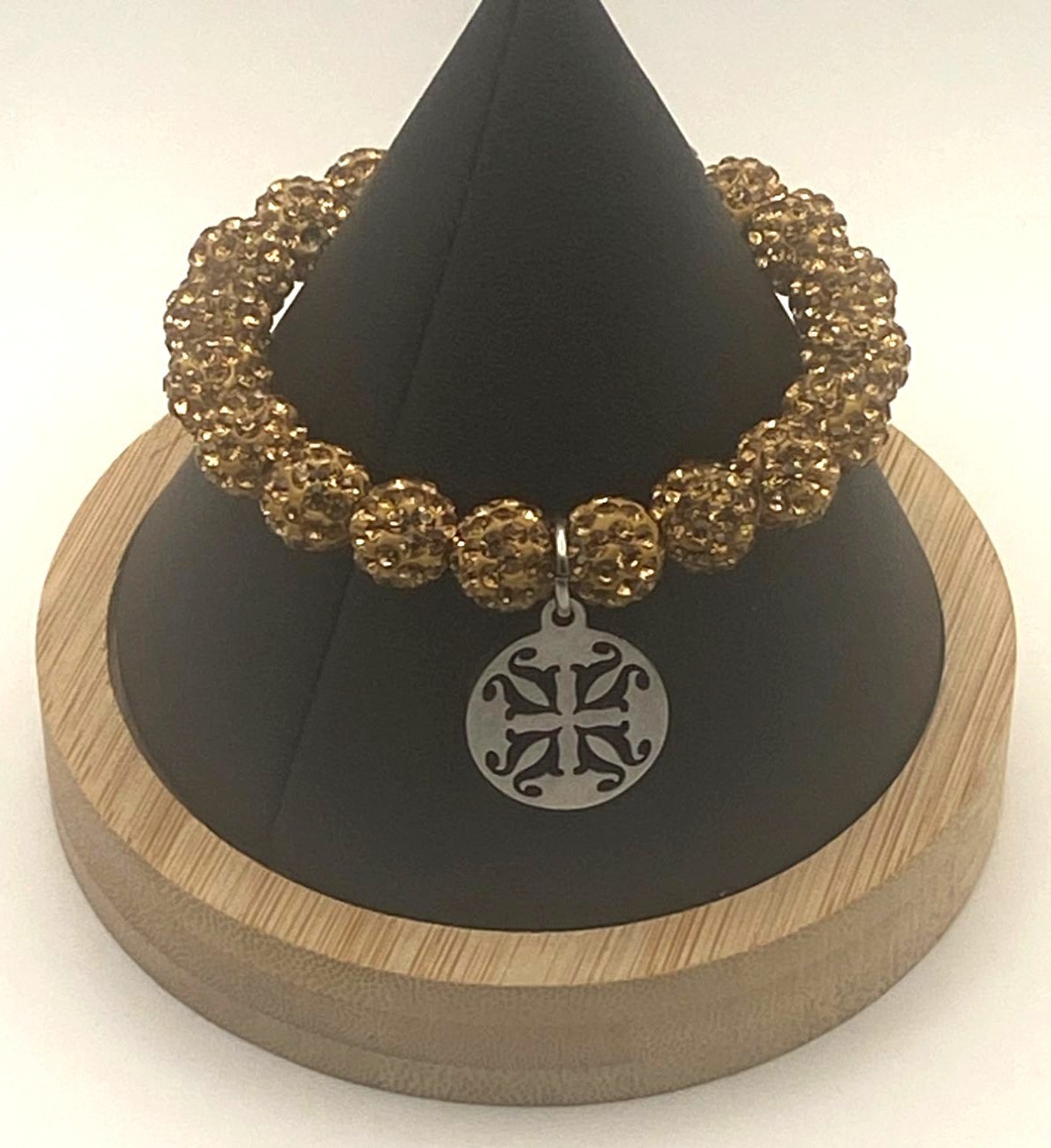 Rusted Cuff Gold Beaded Stretch Bracelet With Silver Charm Pendant