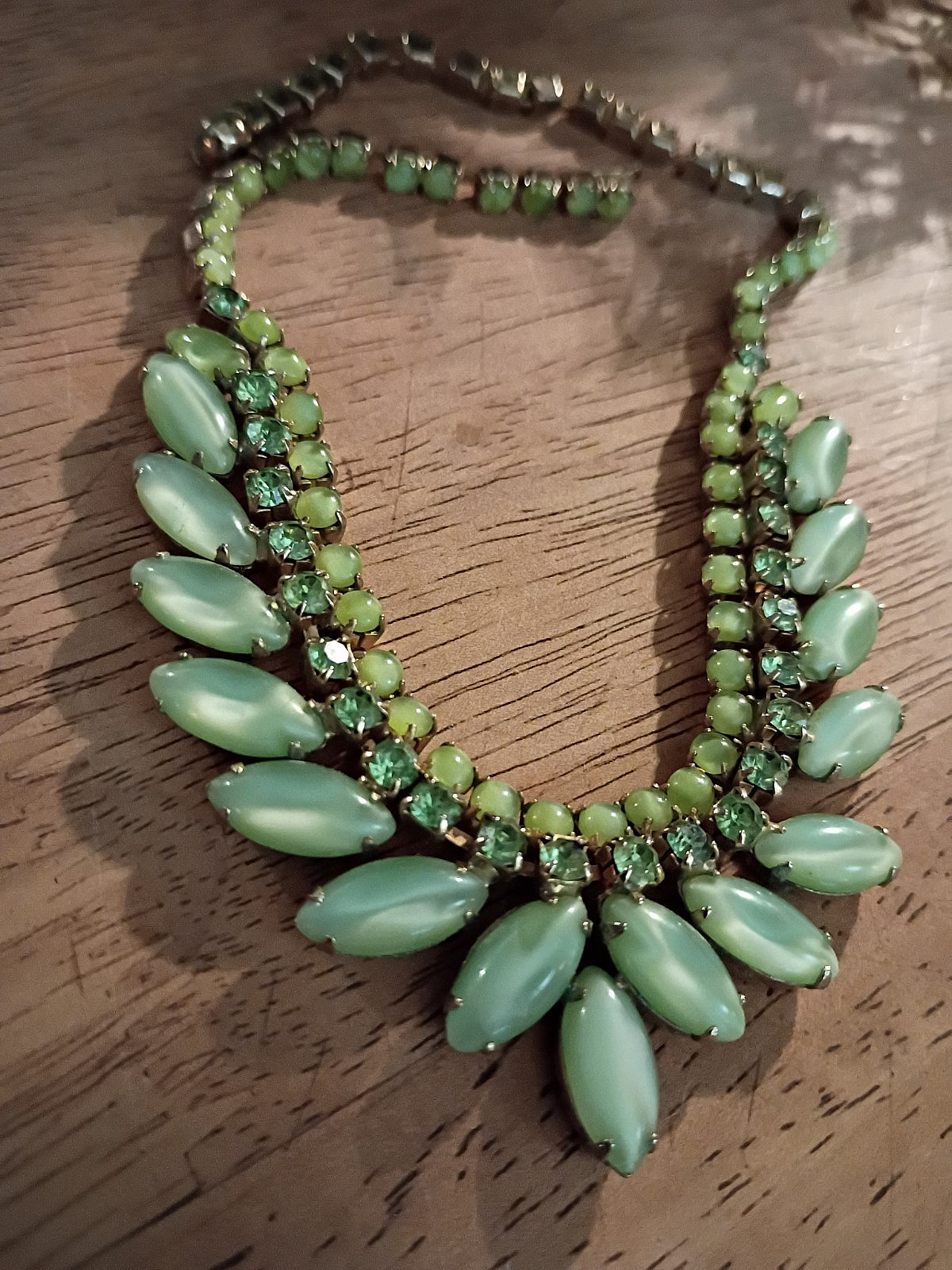 Signed Vintage Joseph Warner Mid-Century Green Moonglow Lucite Necklace (AS-IS)
