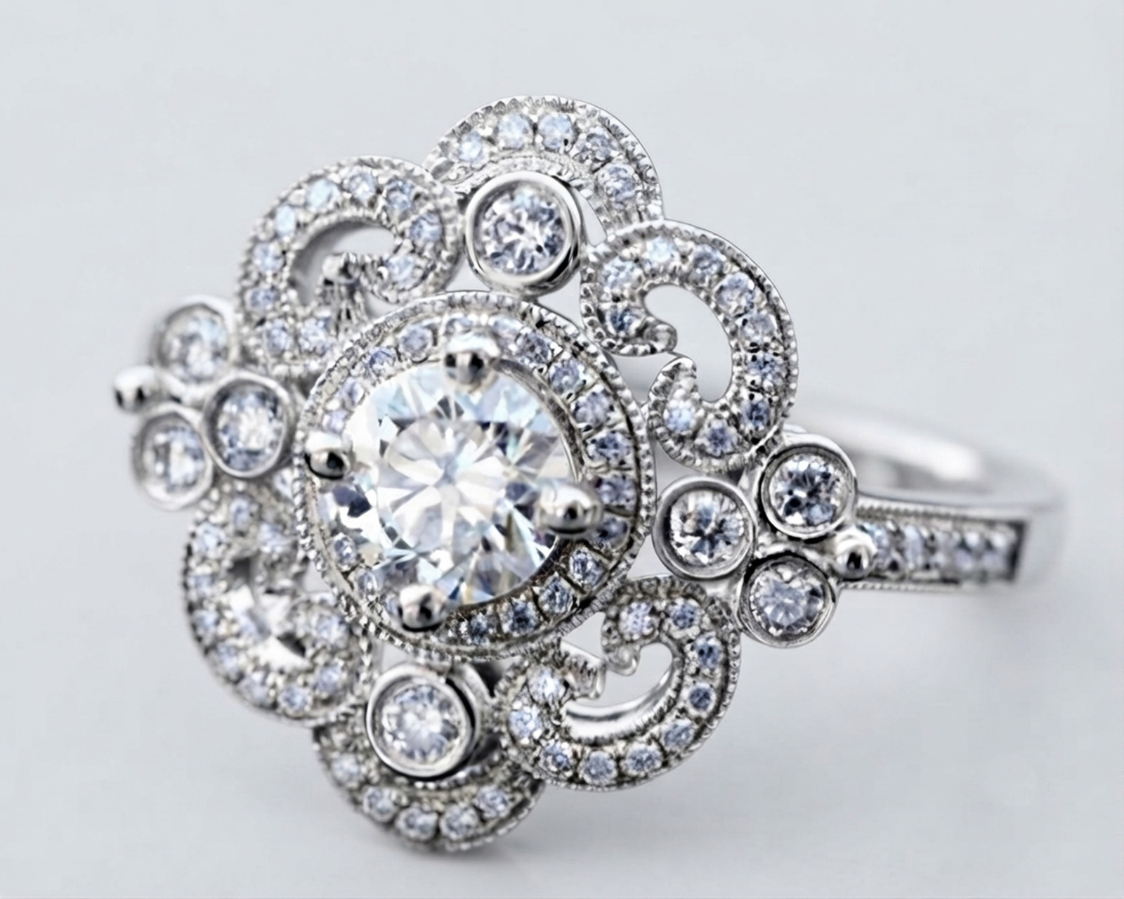 Vintage Style Round Simulated Diamond 14K Gold Milgrain Halo Floral Motif Ring