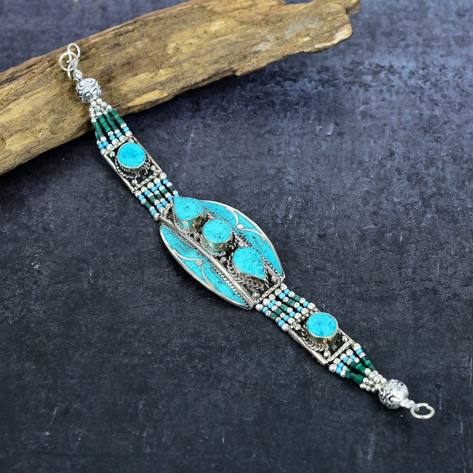 Blue Turquoise Gemstone Handmade 925 Sterling Silver Jewelry Nepali Bracelet