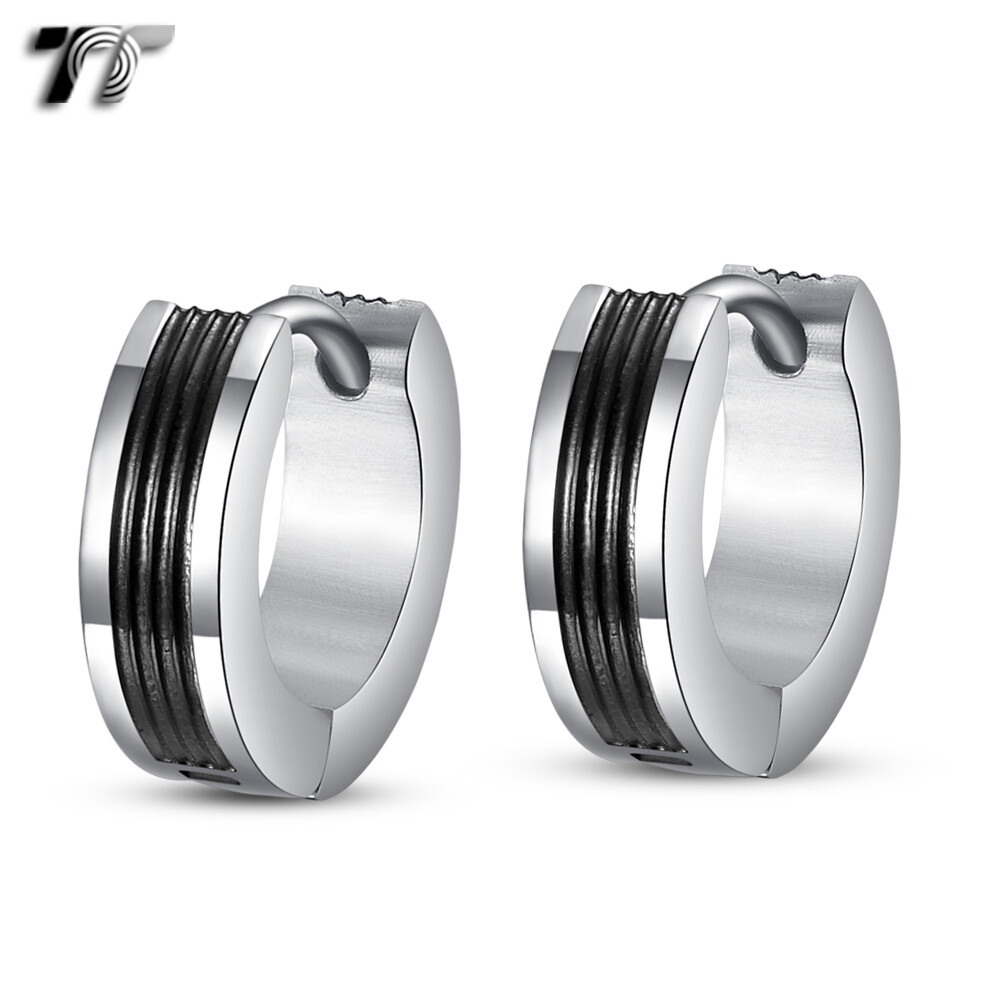 Top TT Stainless Steel Hoop Earrings Black/Blue (EH12) NEW