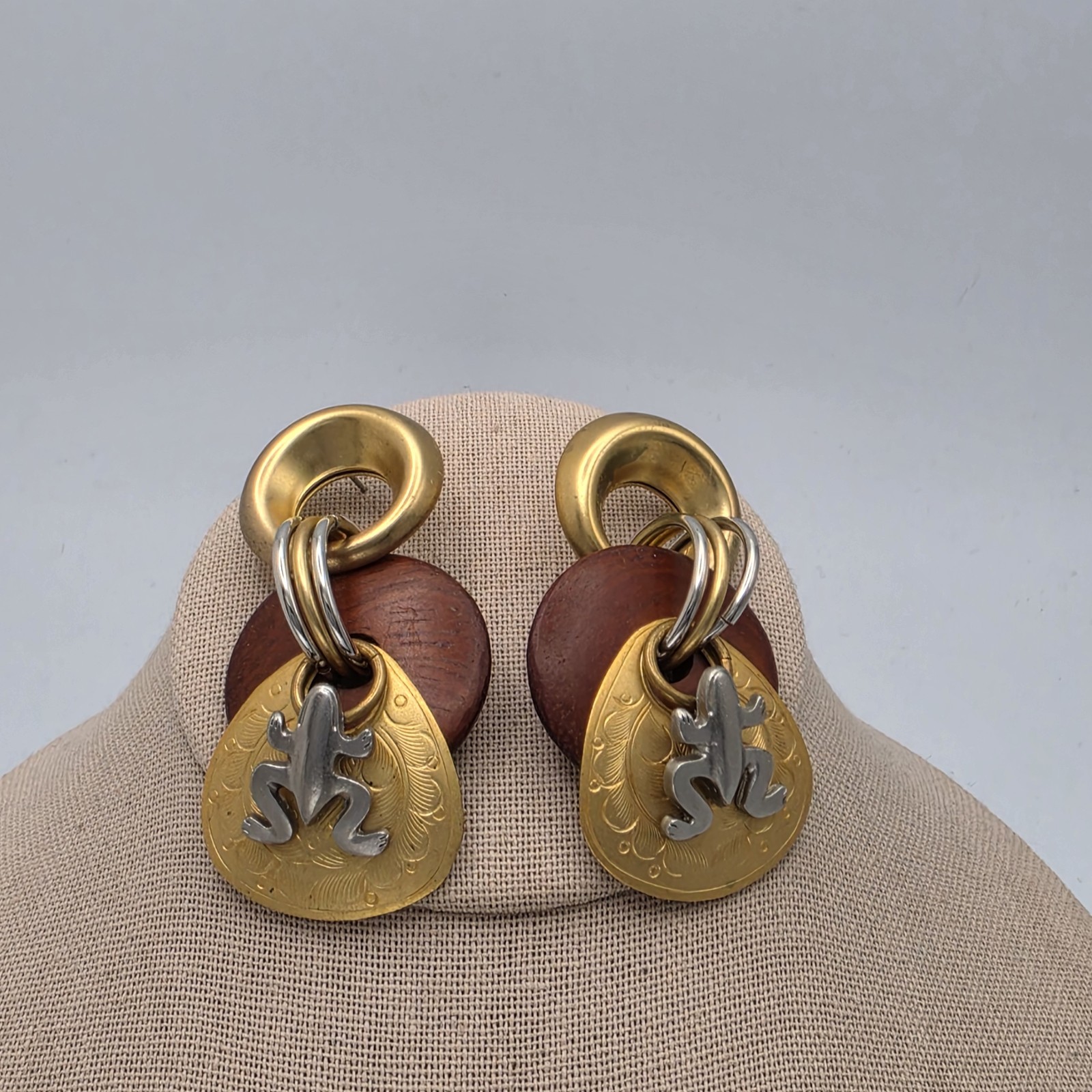 Boho Frog Earrings Mixed Media Statement Drop Gold Silver Tone Pierced 1 1/8″