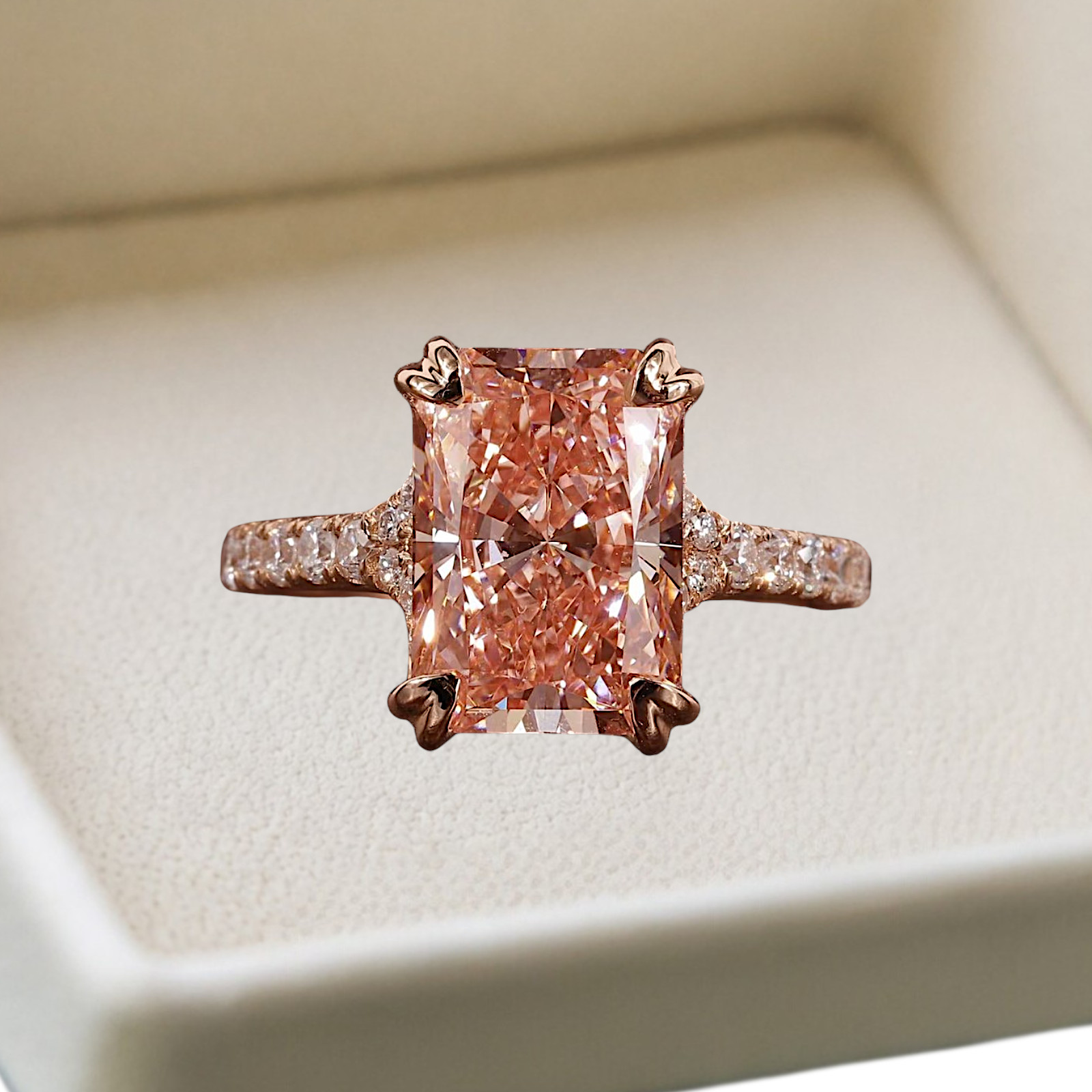 Radiant Cut 3.40 Ct IGI Lab Created Diamond Ring 14k Rose Gold Fancy Vivid Pink