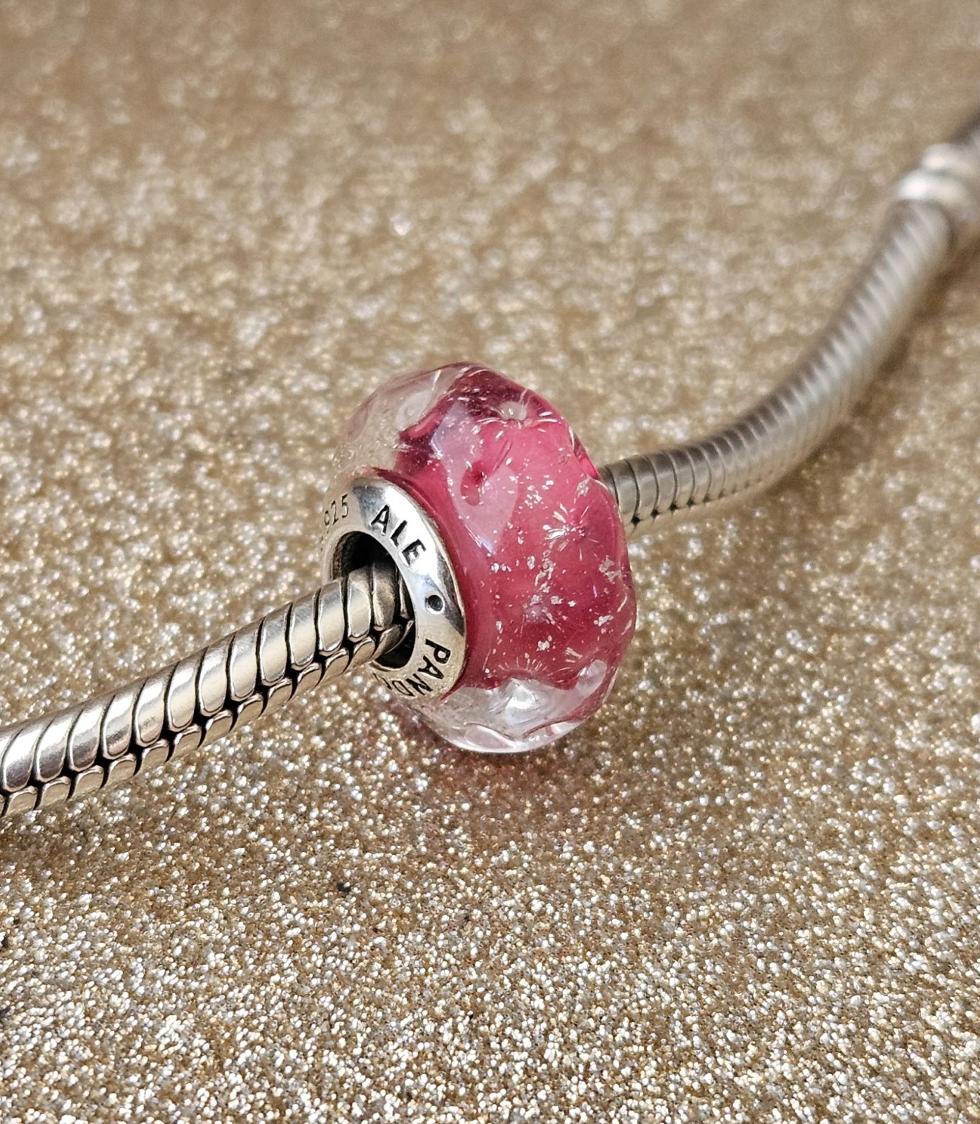 Authentic Pandora Wavy Fancy Pink Silver Murano Charm