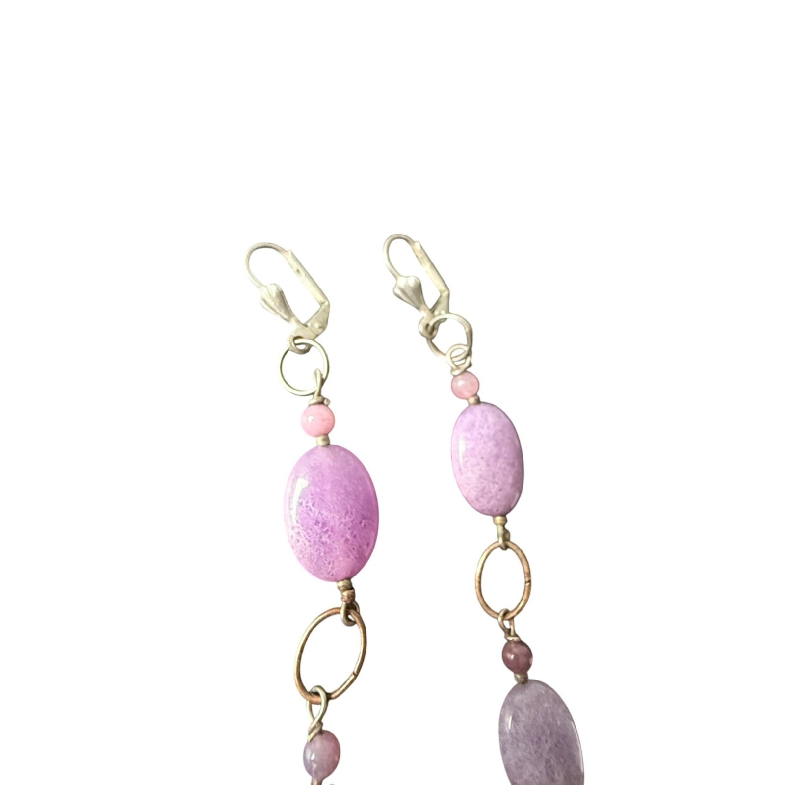 Earrings Oval Purple Bead Stone Dangle Drop Boho Artisan Silver Tone 3.5 inches