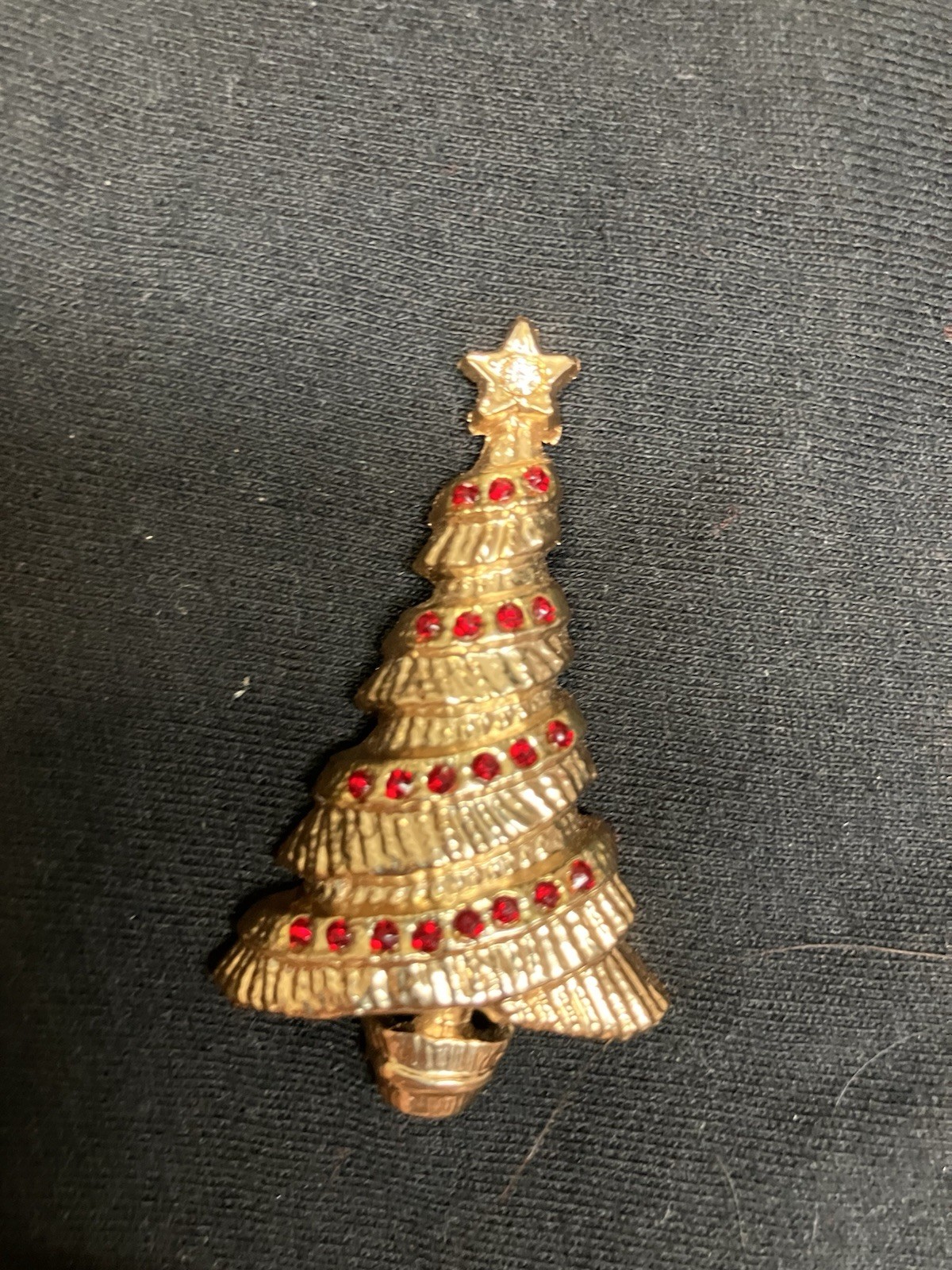 Gold Tone Christmas Tree Brooch Pin Red Round Rhinestone Accents