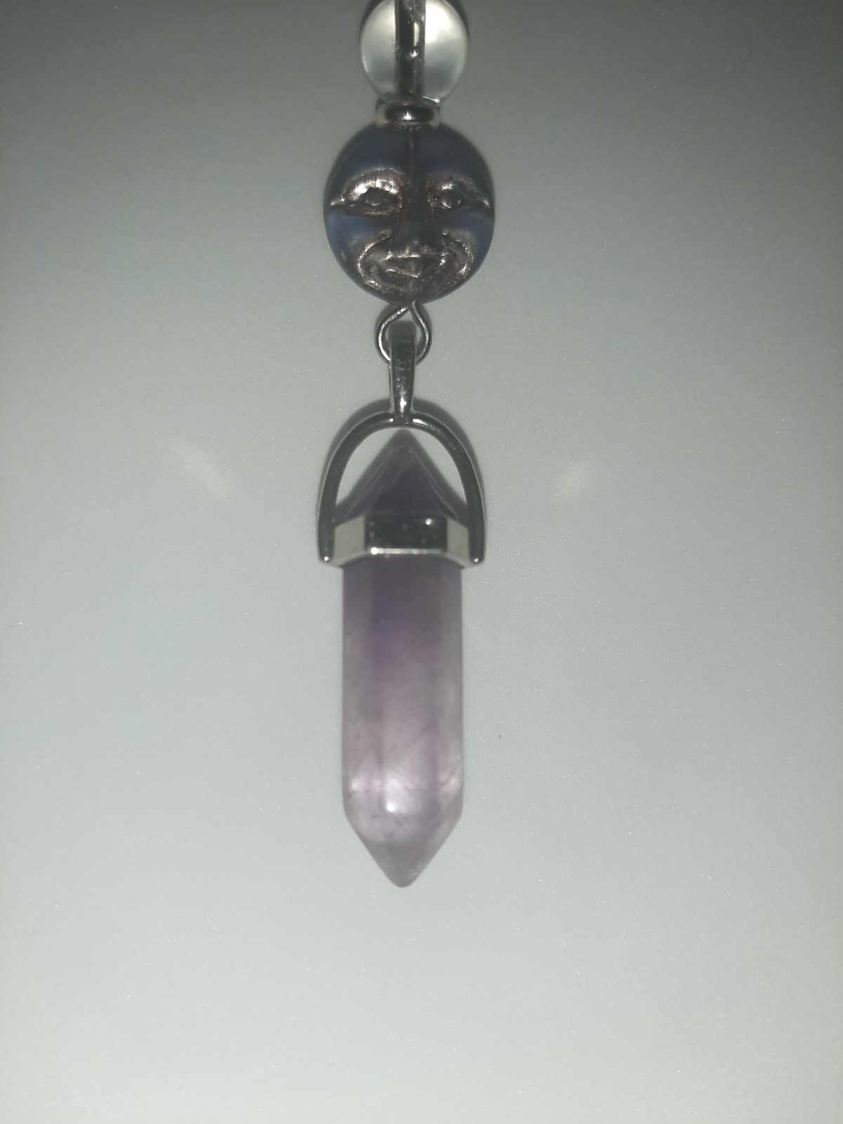 Genuine AMETHYST DT Crystal CLEAR QUARTZ Beads Glass Moon Face Pendant Necklace