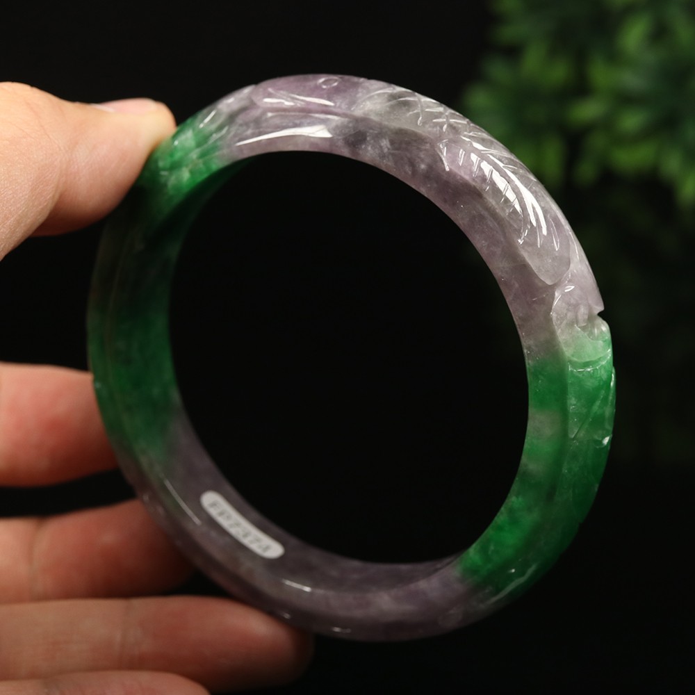 64mm Lavender Purple Green Jadeite Jade Bangle Bracelet Bat Ruyi Fish A-14801