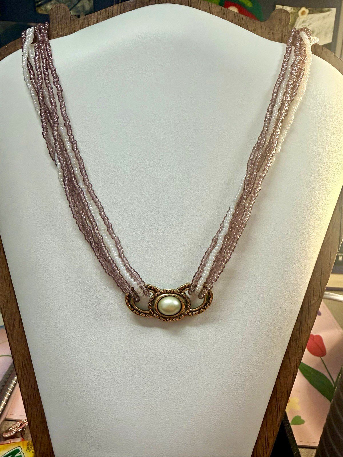 Vintage Signed 1928 Purple & White Beaded Necklace Gold Tone Faux Pearl Center