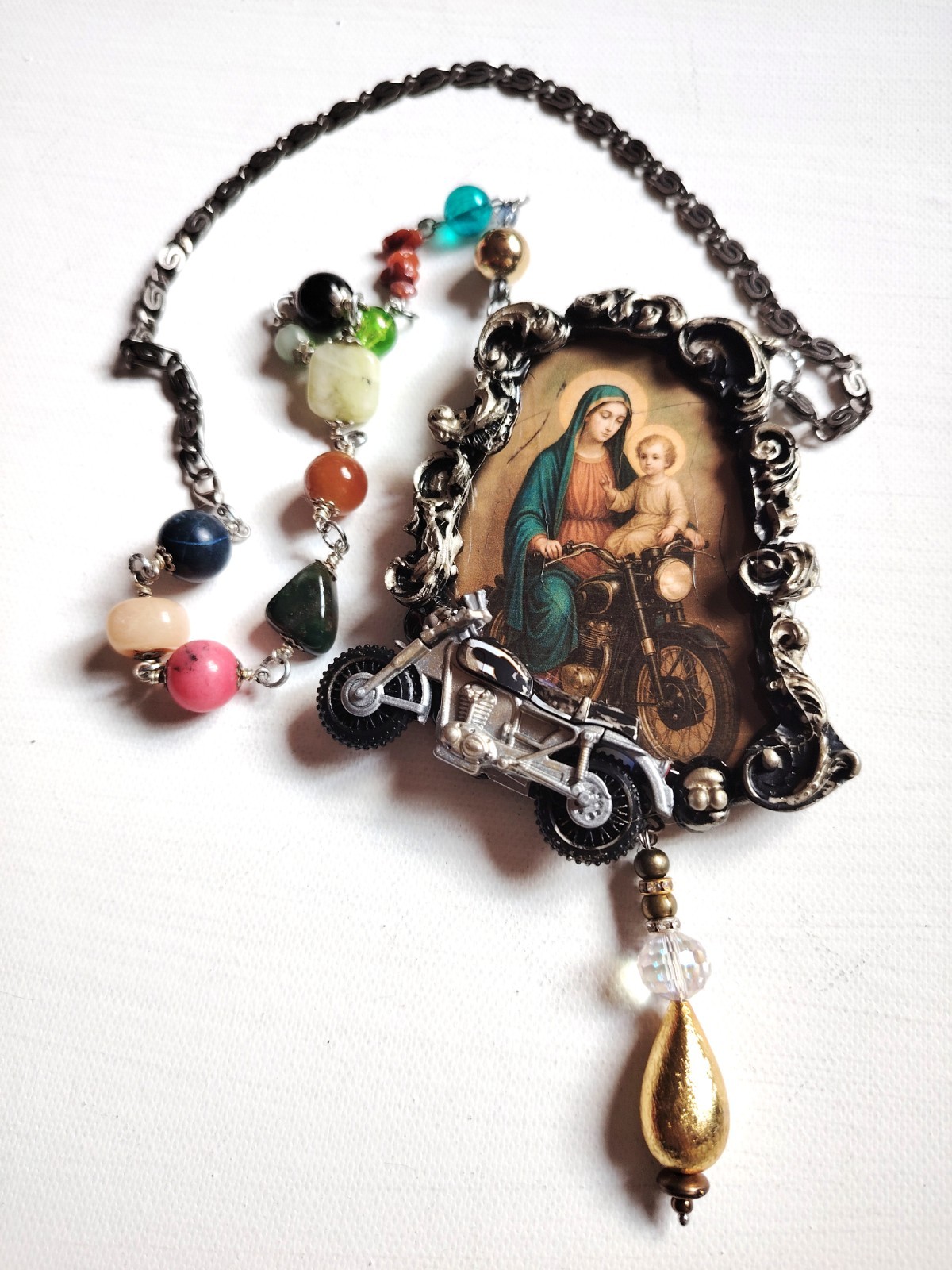 Vintage Assemblage Jewelry Necklace Pendant Baroque Pop Religion Motorcycle Fans