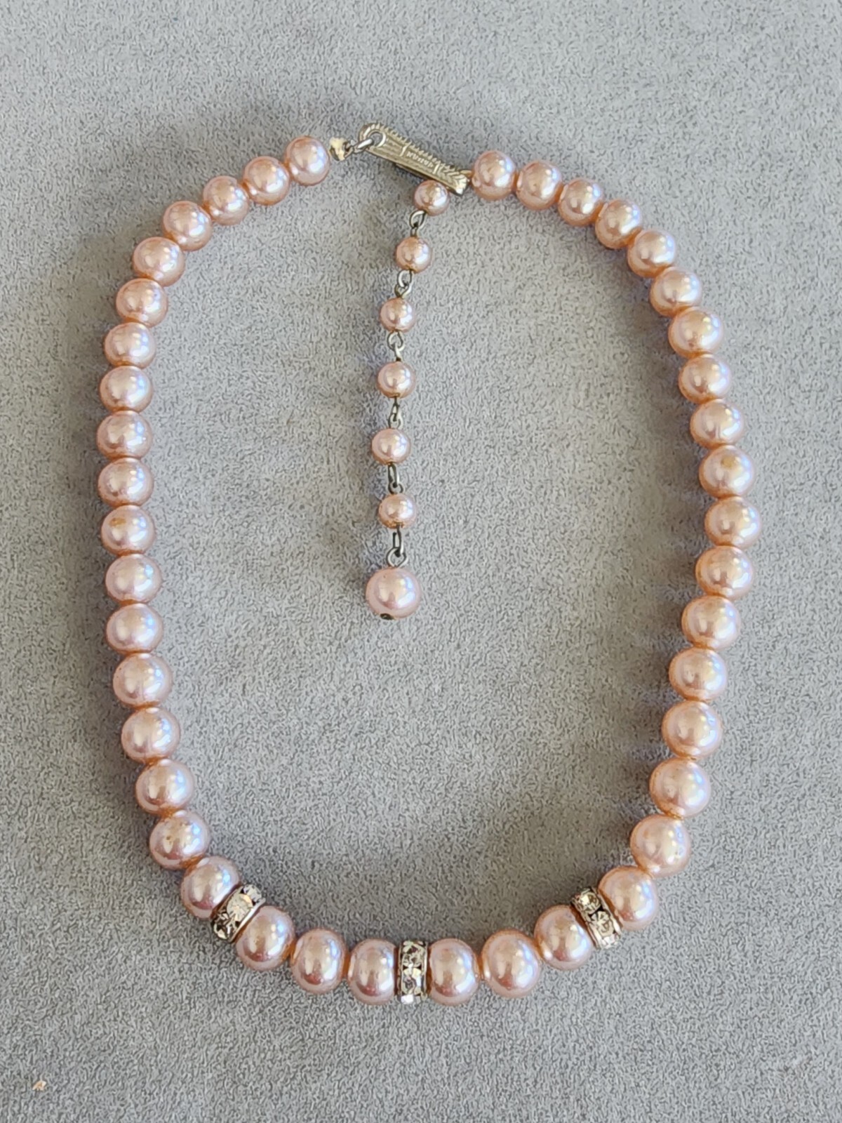 75 Yr Old Japanese Pink Glass Faux Pearl Necklace Crystal Accents FREE $HIPPING!