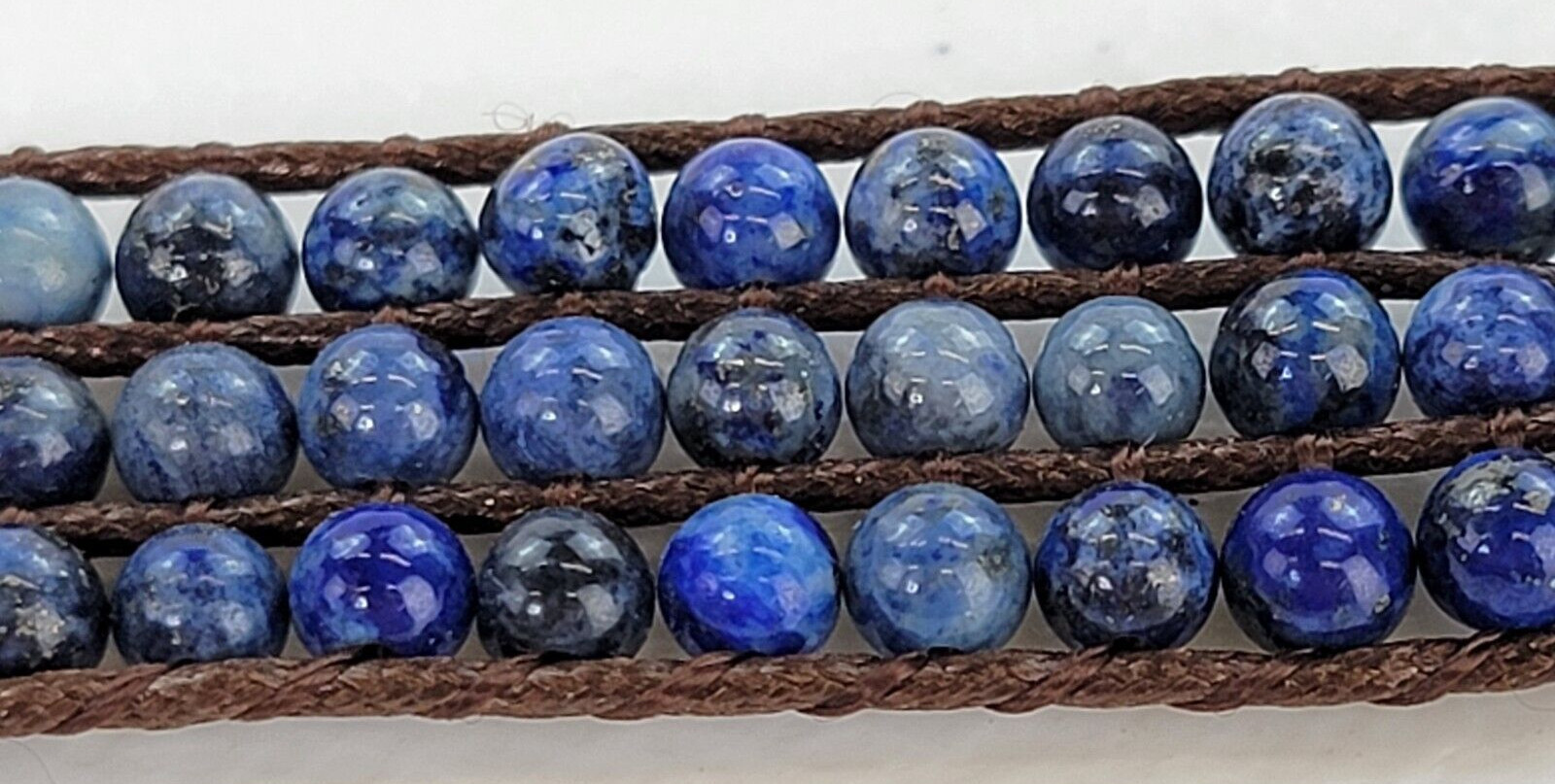 Lapis Lazuli Beaded Wrap Bracelet 6.5″ Brown Leather Cord Toggle Clasp Boho