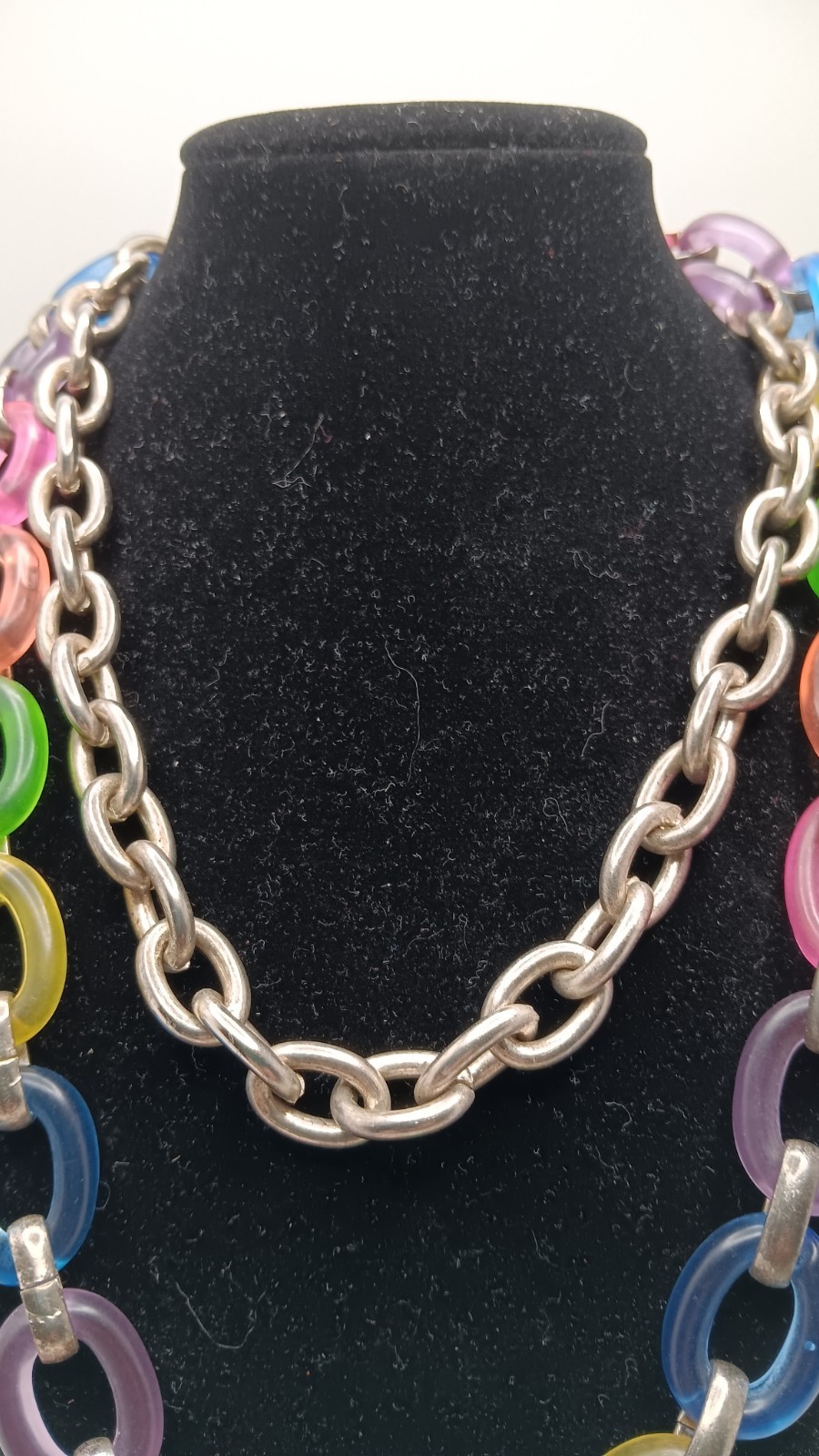 Vintage Necklace Plastic and metal Chain Link Pastel Color Deco Era 39 inches