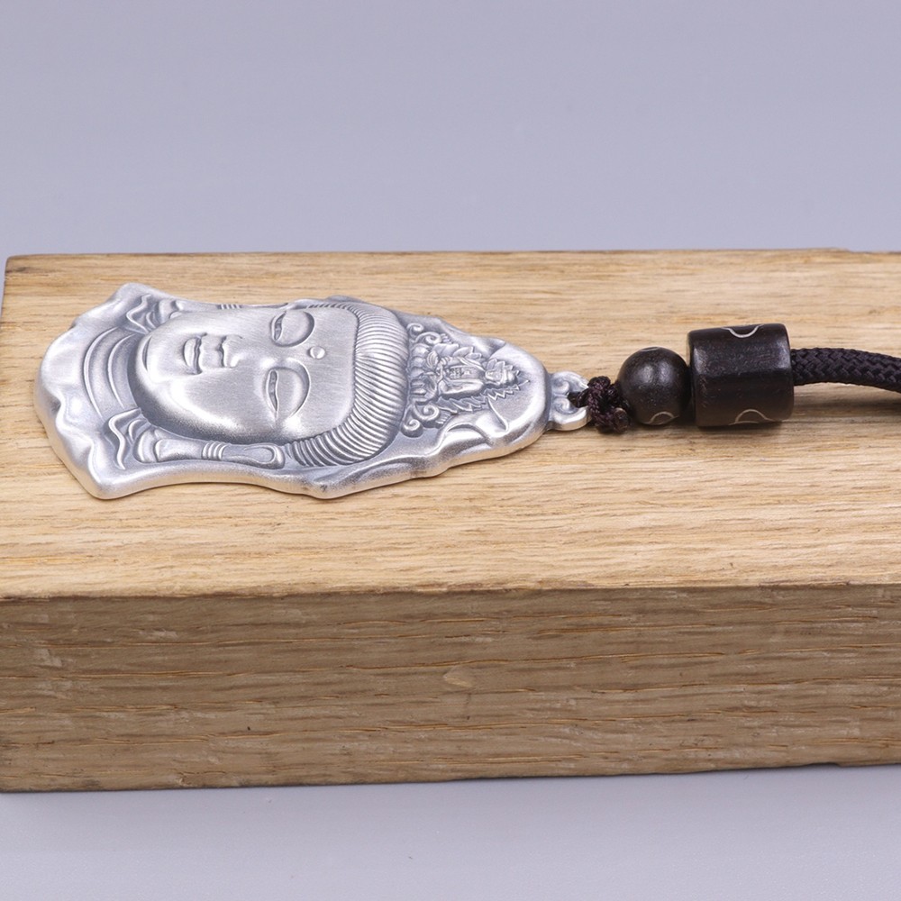 Solid S999 Fine Silver Men Women Lucky Kwanyin Head Pendant 26-27g 45*24mm