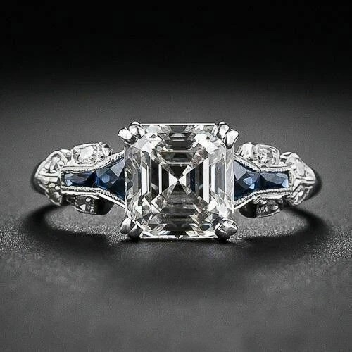 Art Deco Style Asscher Lab Created Diamond Engagement 14K White Gold Finish Ring