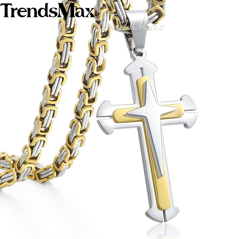 Cross Necklace for Men Gold Plated Stainless Steel 18″-30″ Byzantine Box Chain