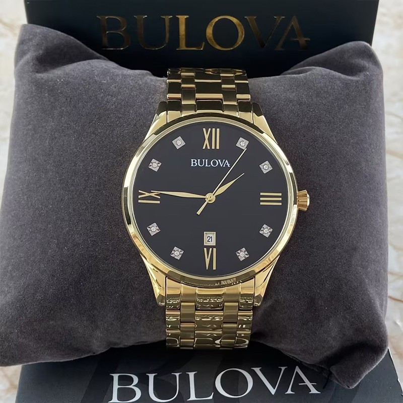 Bulova Classic 97D108 Black Dial Gold Bracelet Men Quartz Watch 40MM New