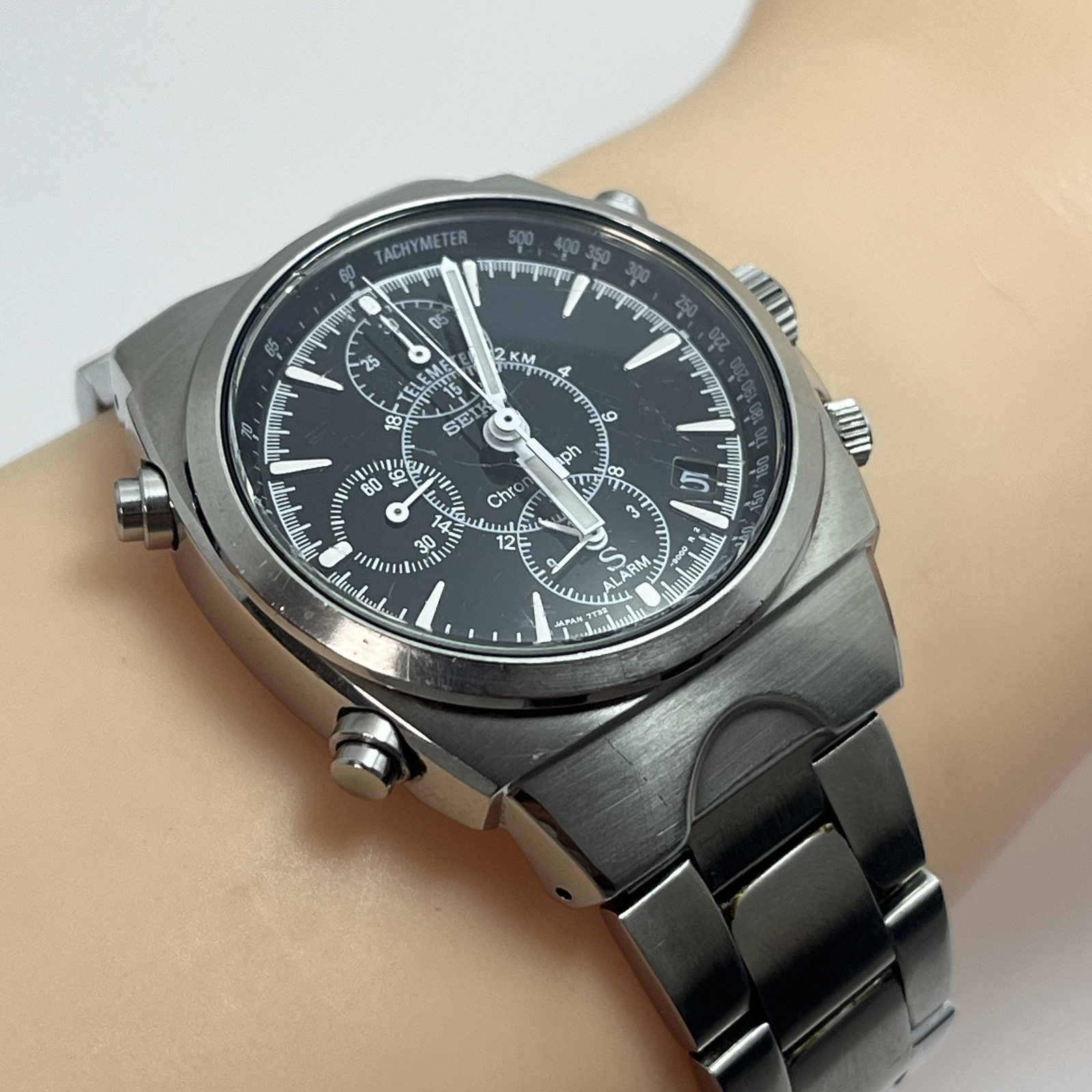 Seiko SUS Chronograph 7T32-9000 Qz Japan Alarm SS Vintage Watch #B791