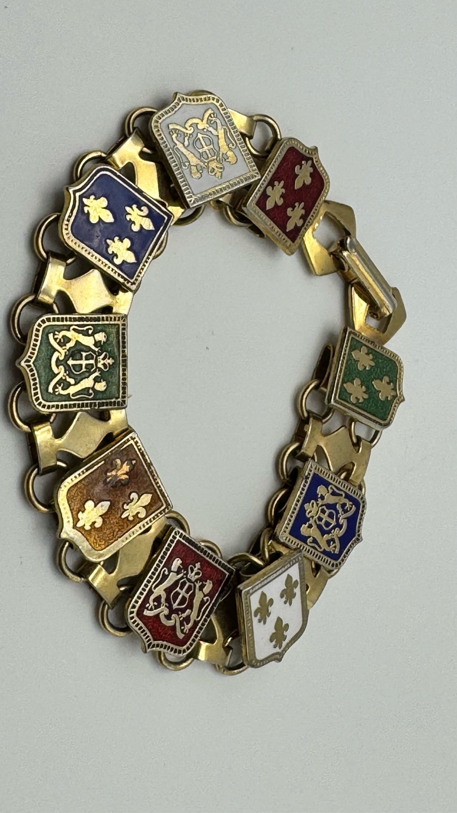 Enamel Coat of Arms Shield Link Bracelet Gold Tone Heraldic Crests