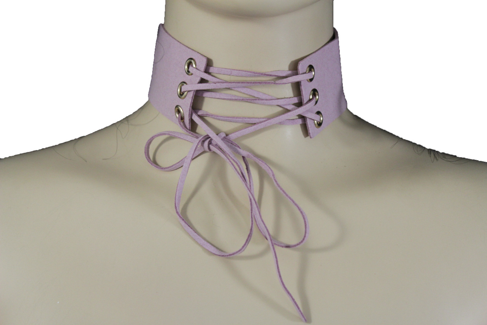 NEW Women Pastel Pink Faux Leather Fabric Fashion Corset Choker Necklace Tie