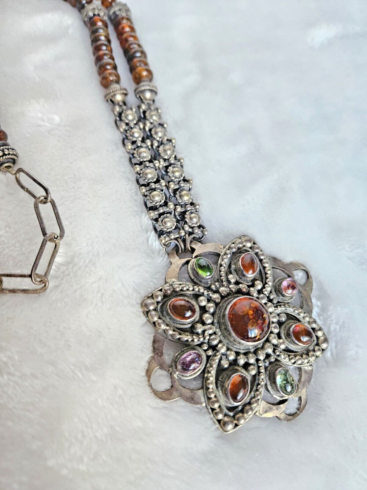 Vintage 925 Solid Sterling Silver Multicolor Amber Large Pendant Necklace