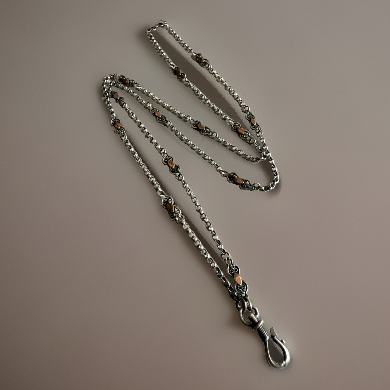 Antique Scandinavian Silver & Copper Long Guard/Sautoir Chain, 32” 13g