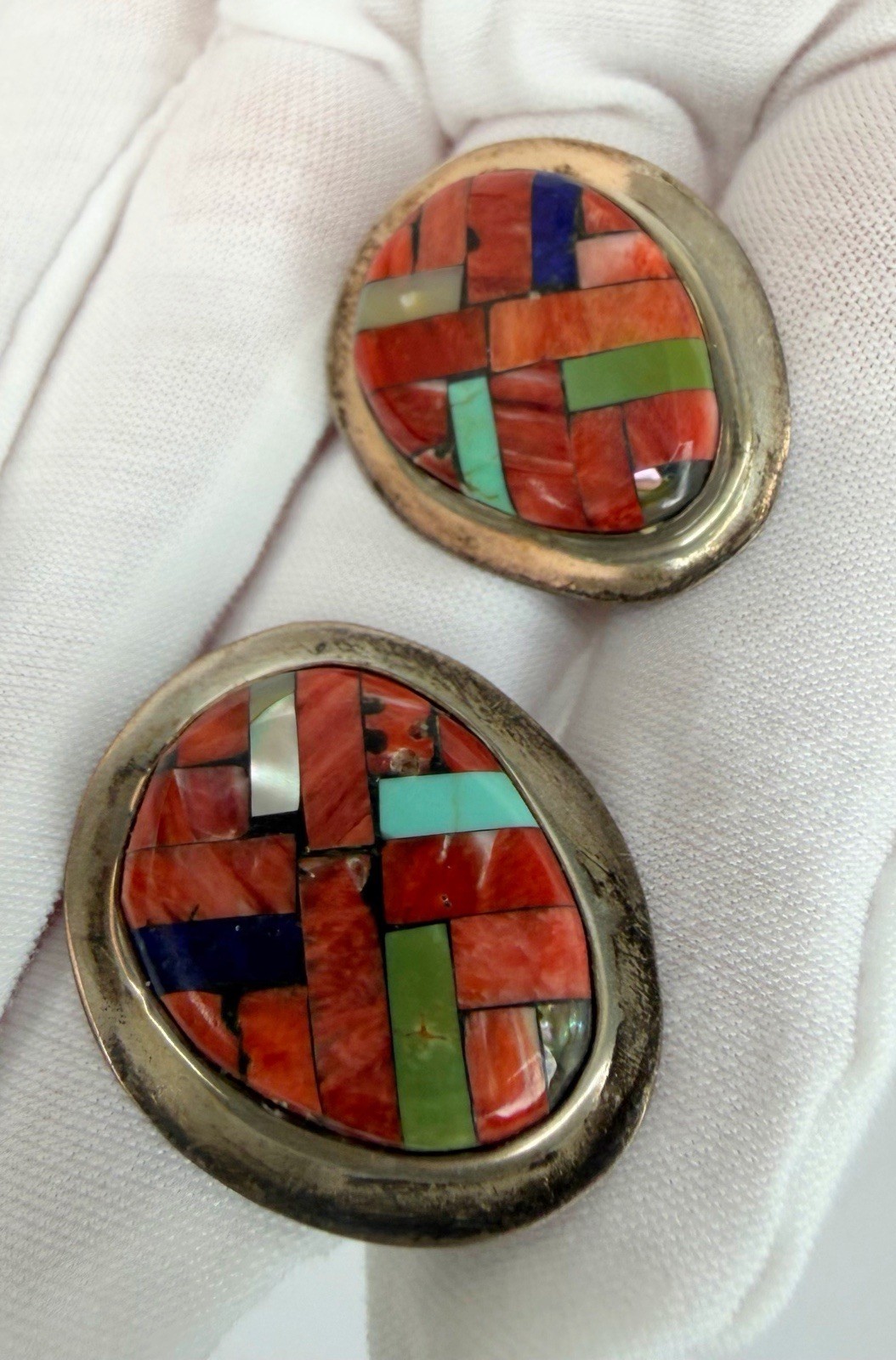 Zuni JLR Joe Lovato Rean Turquoise Earrings Silver inlay MOP Red Coral Lapis