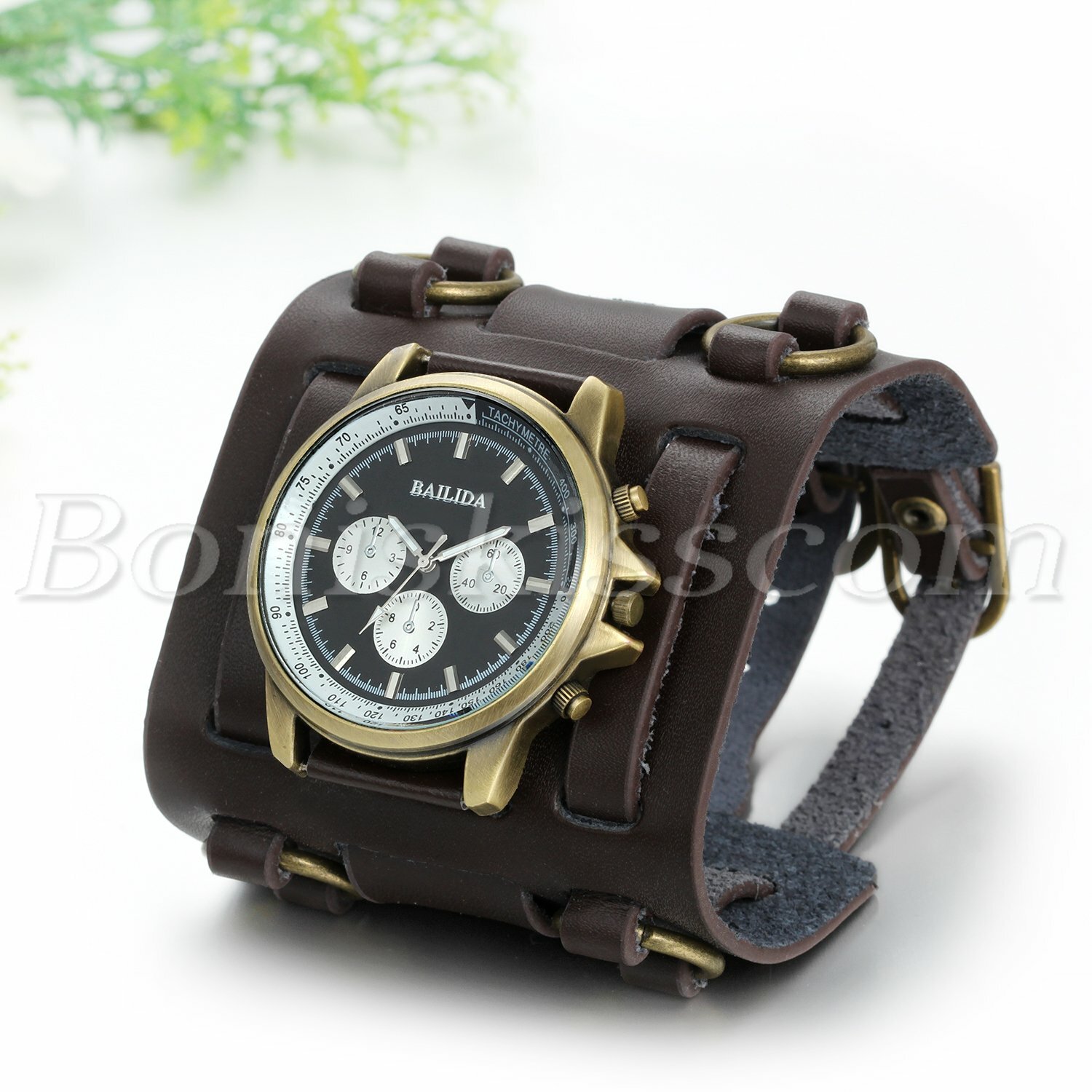 Mens Wide Brown Leather Strap Buckle Sport Analog Quartz Wrist Watch Bangle Cuff