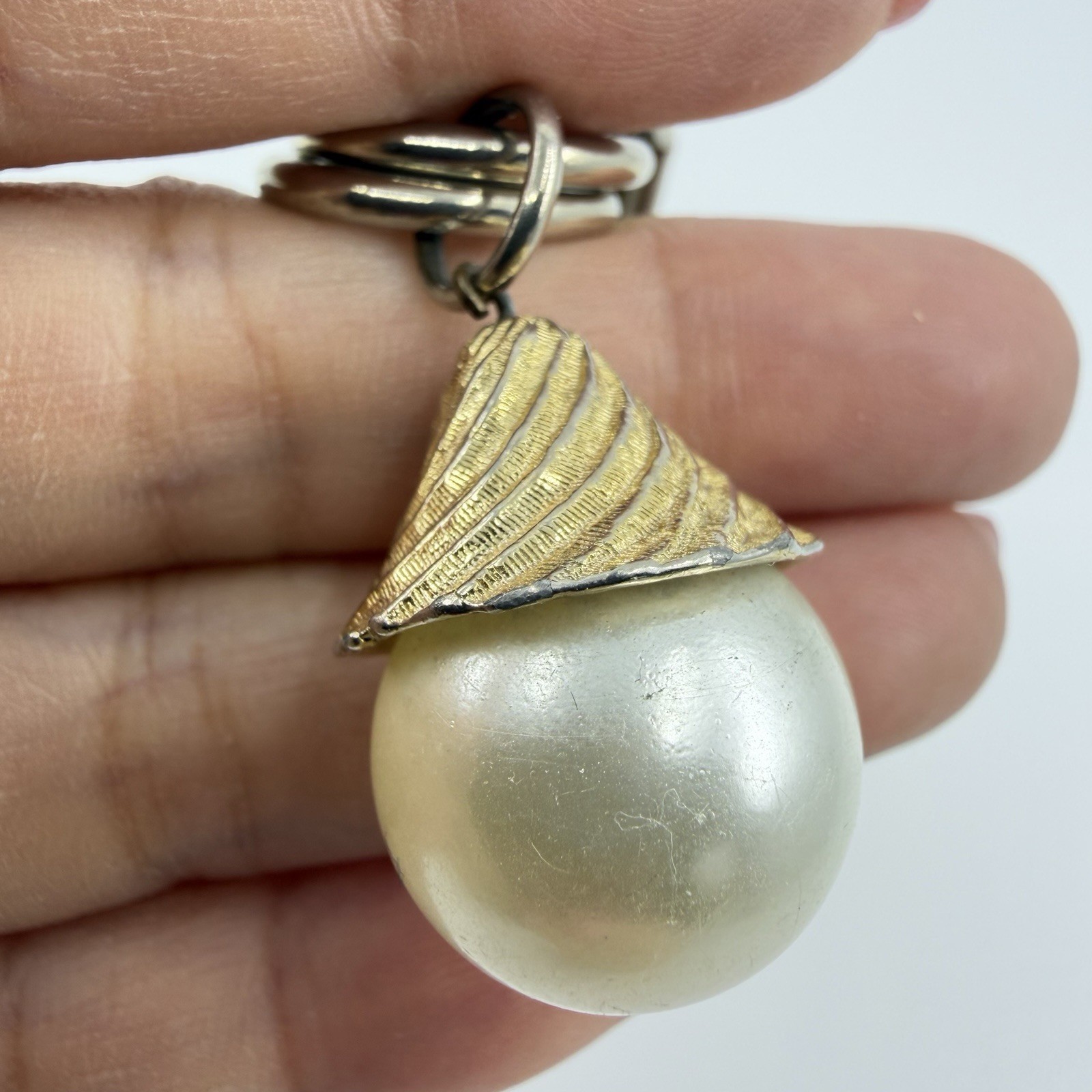 Signed Germany Chunky Chain Link Charm Bracelet Faux pearl Ribbed Hardware