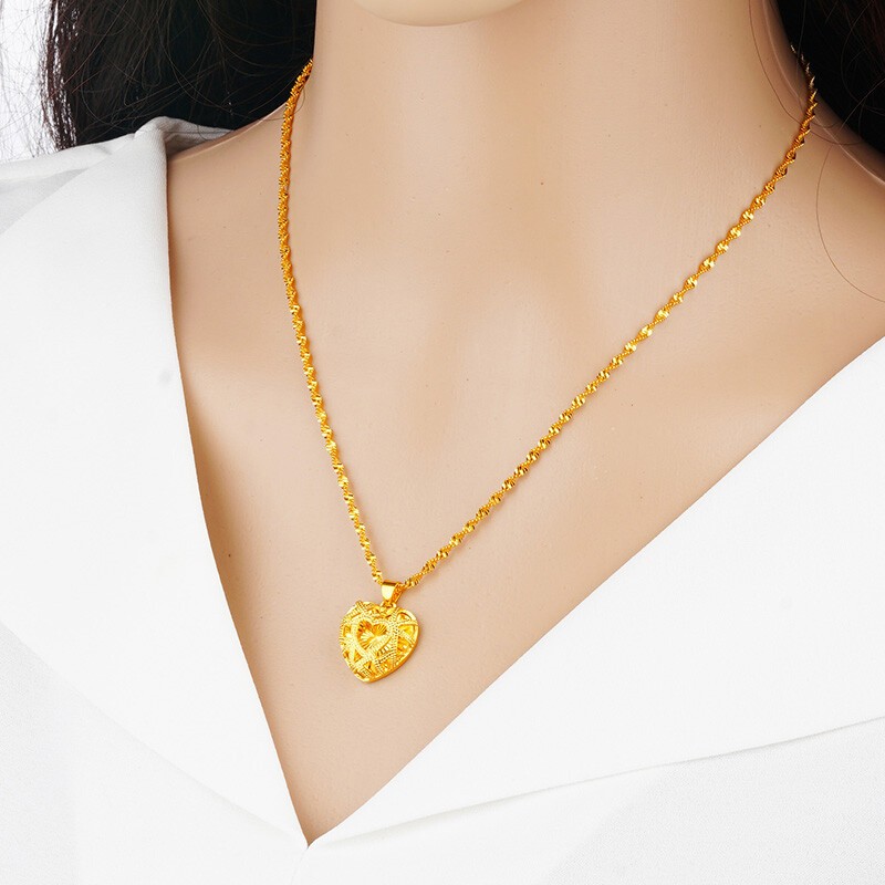 Women Hollow Heart Necklace 22k 23k 24k Thai Baht Yellow Gold Gp Necklace