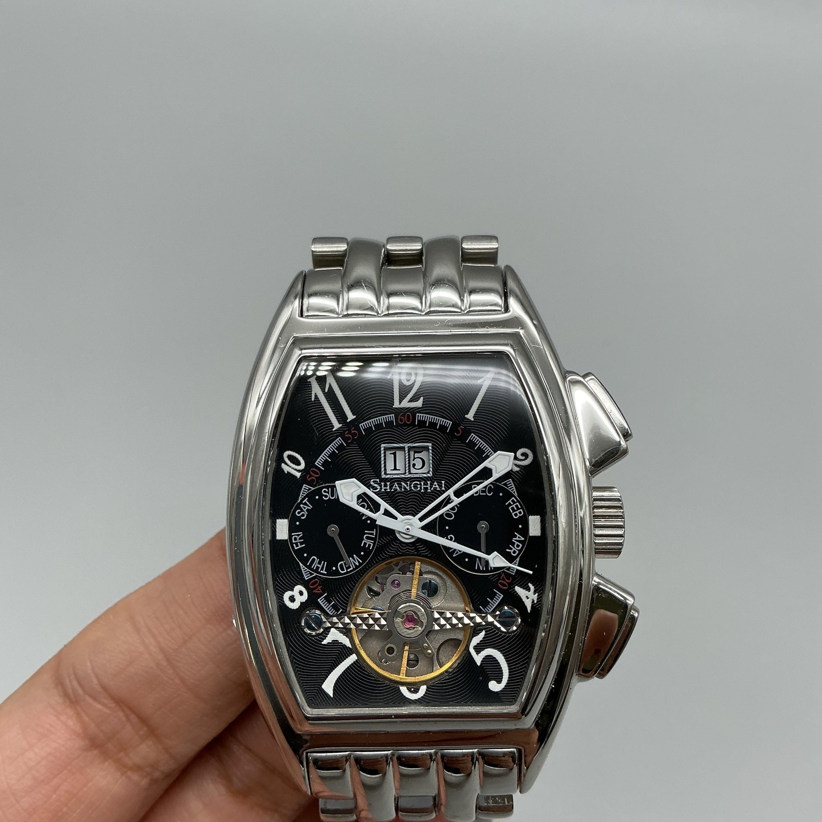 Shanghai DCEC Cummins Mens Watch 34mm Silver Tone Skeleton Dial Automatic 7.5″