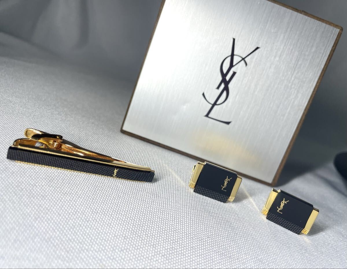Excellent Condition YVES SAINT LAURENT YSL Logo Black Stone Gold Cufflinks Tie P