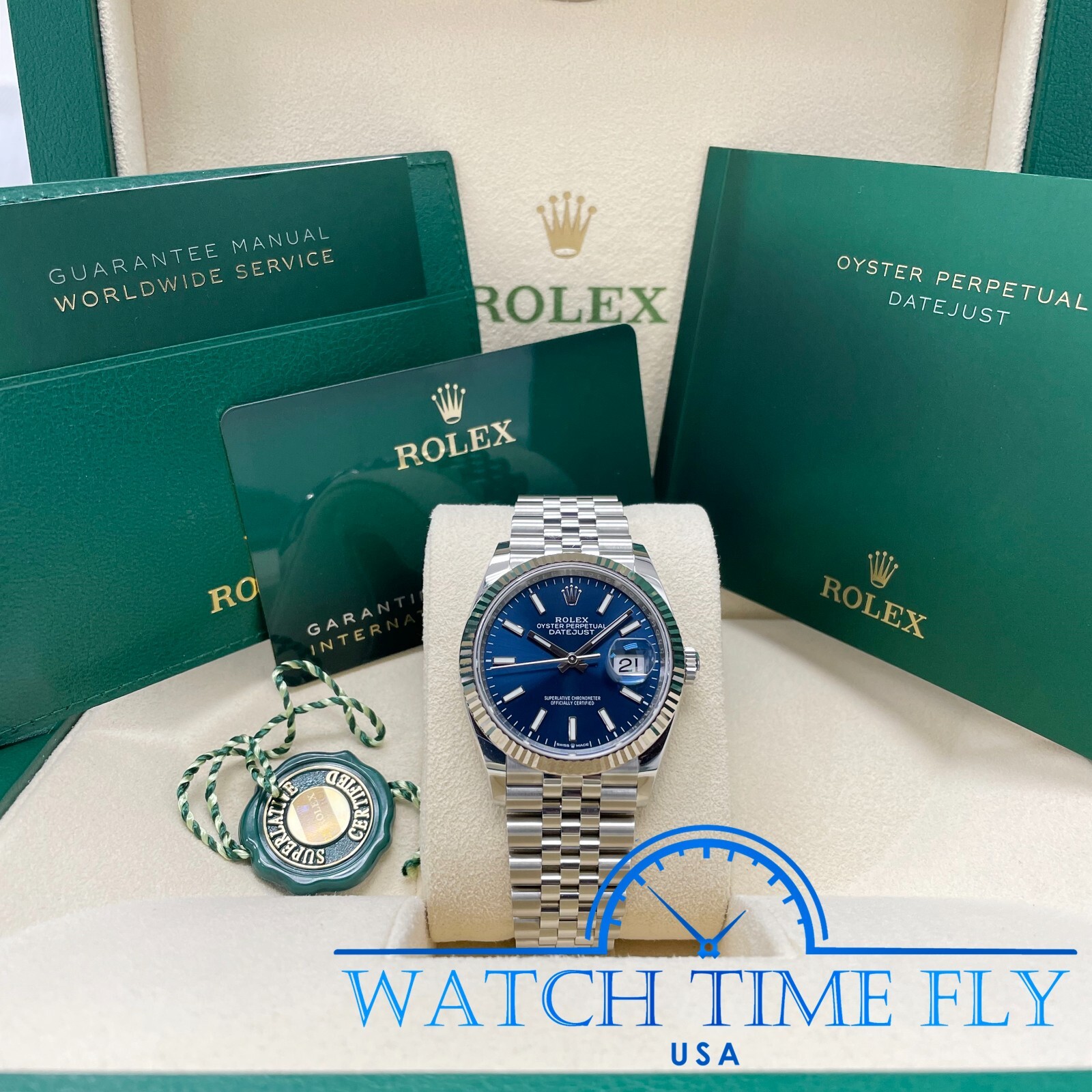 Rolex 126234 Stainless Steel Datejust 36mm Fluted Bezel Blue Index Dial Jubilee