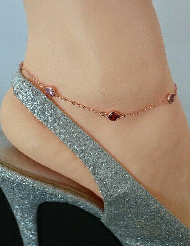 ROSE GOLD Multi Color Cubic Stones 14Kt Gold Clad ANKLET ANKLE BRACELET 9 -13″