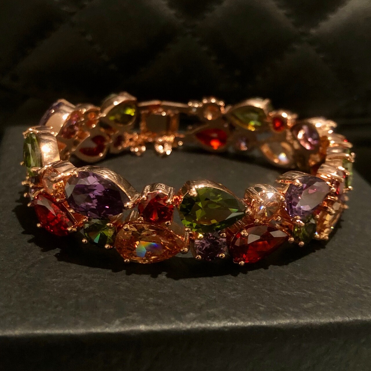 18k Rose Gold Filled Multicolor Tennis Bracelet made w Swarovski Crystal 6.5”